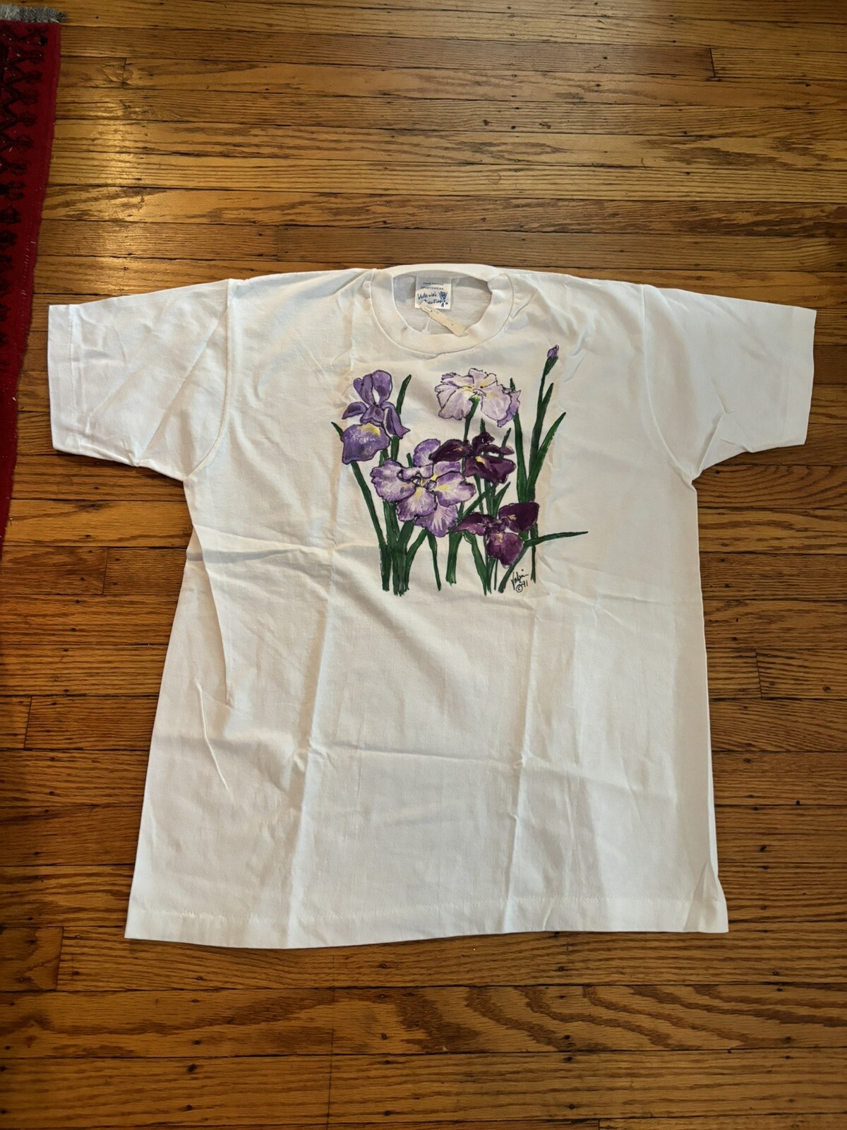 Vintage Valerie’s Creations Hand Painted Purple Iris Flowers T Shirt Sz XL