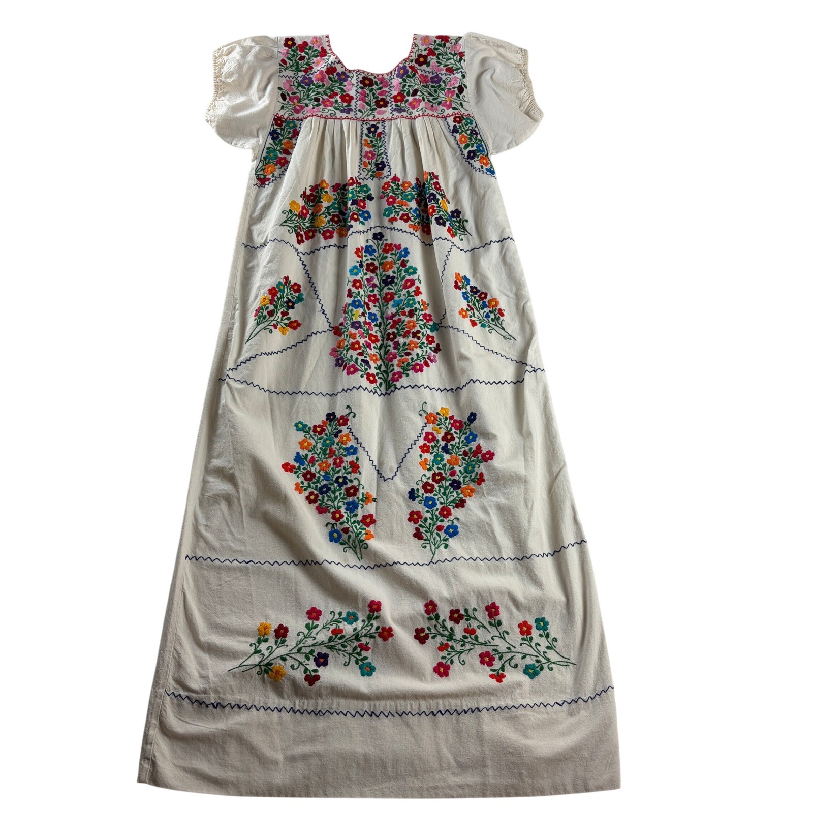 Hand Embroidered Floral Maxi Dress Ivory Boho Folk Art Artisan Peasant
