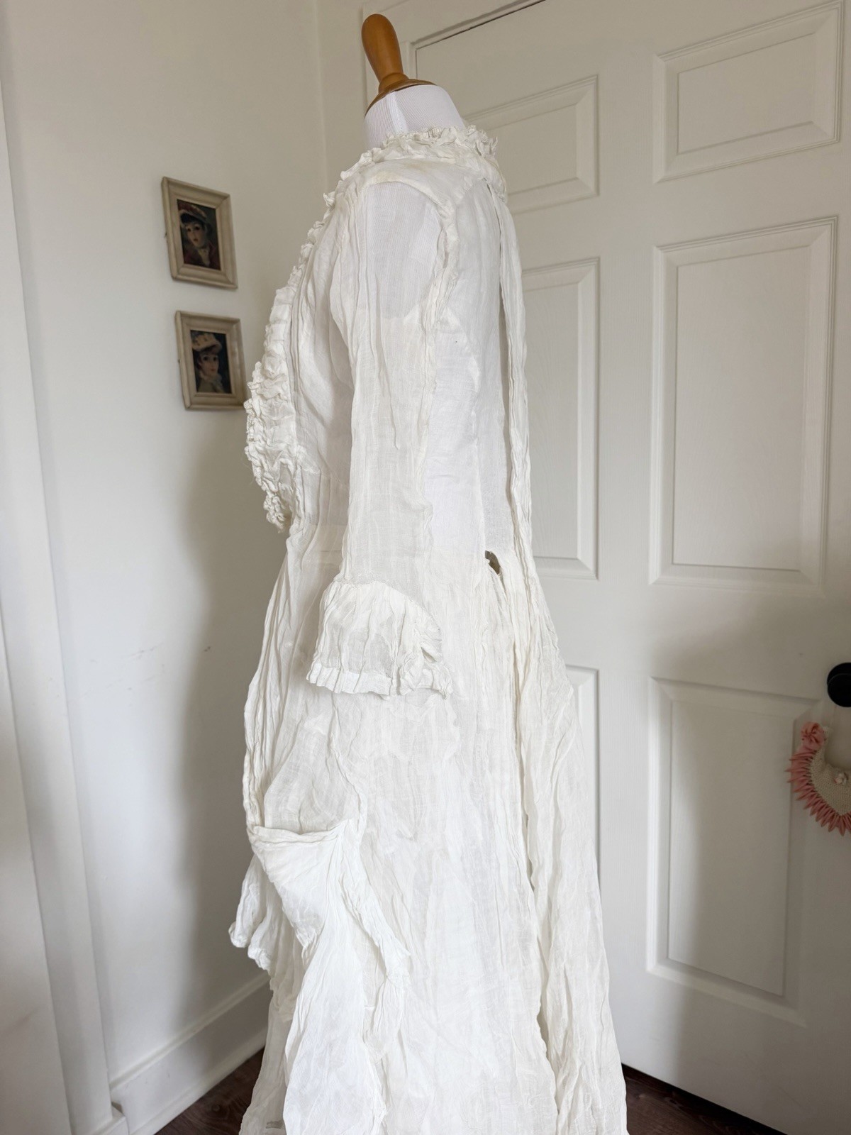 Antique 1880s Victorian White Bustle Ensemble with Jacket Bodice & Ruffle Skirt