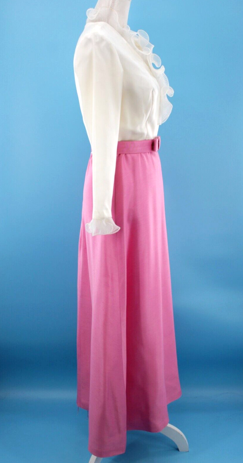 Vtg Women’s 60s 2 Pc Pink & White Ruffle Front Maxi Dress W/ Jacket XS/S 1960s