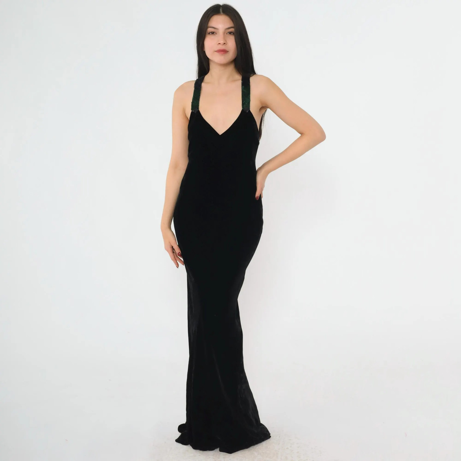 Vintage Ralph Lauren Collection Gown 90s Black Velvet Evening Dress Sequin Strap
