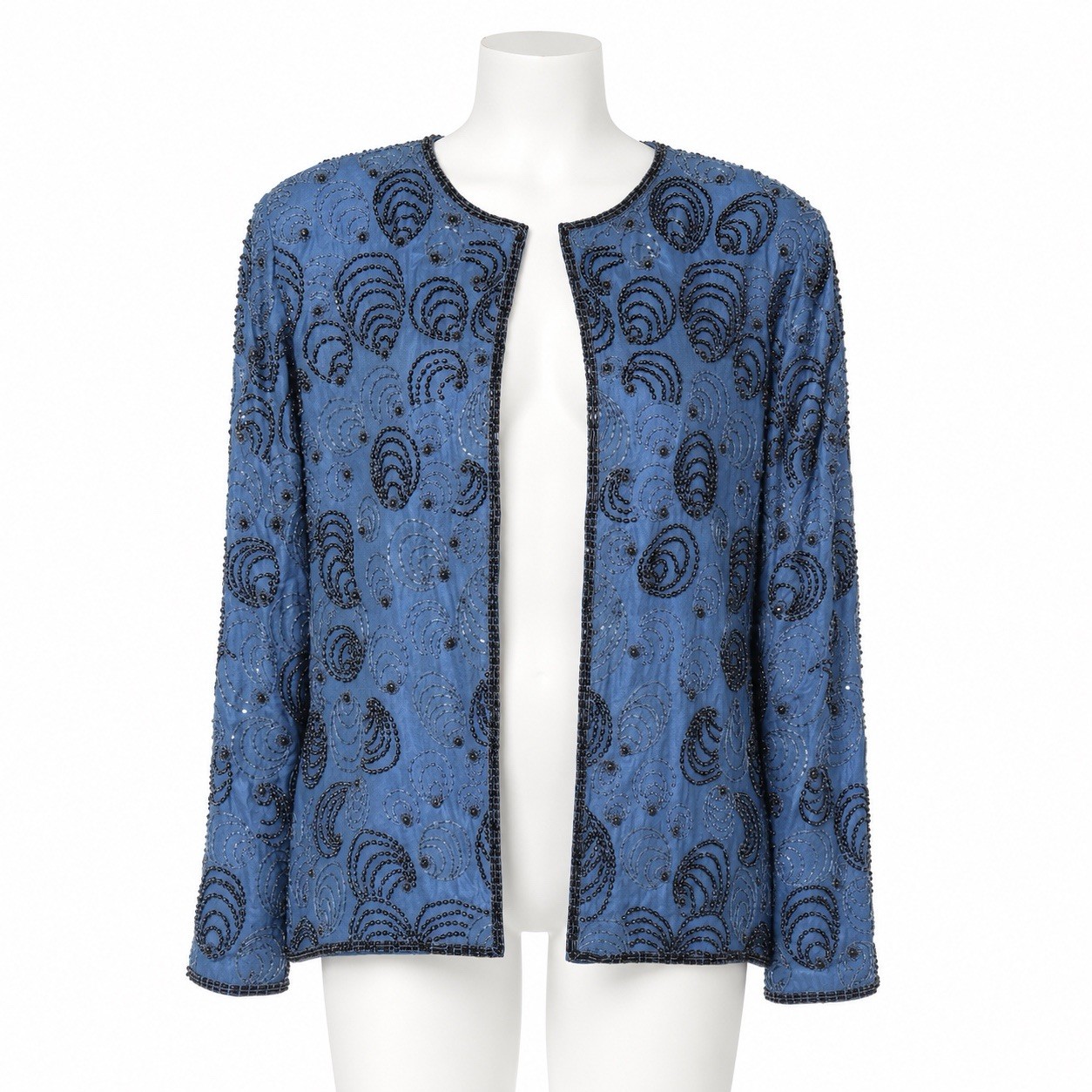 Vintage A.J. Bari Silk Beaded Evening Jacket Blue Black Size L NWT