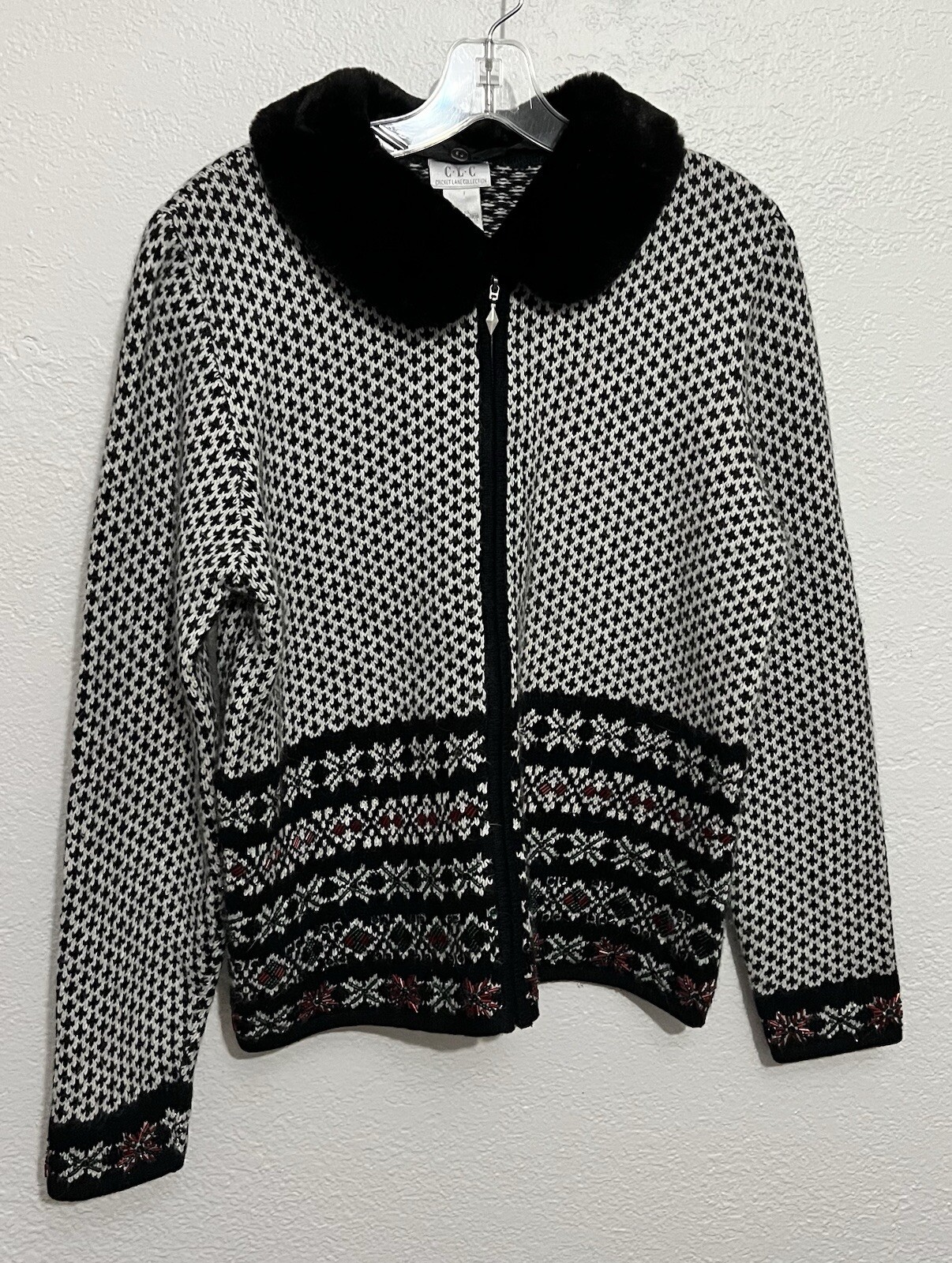 Sm Vtg Angora Blend Holiday Beaded Poinsettia Full Zip Sweater Grandma core ***