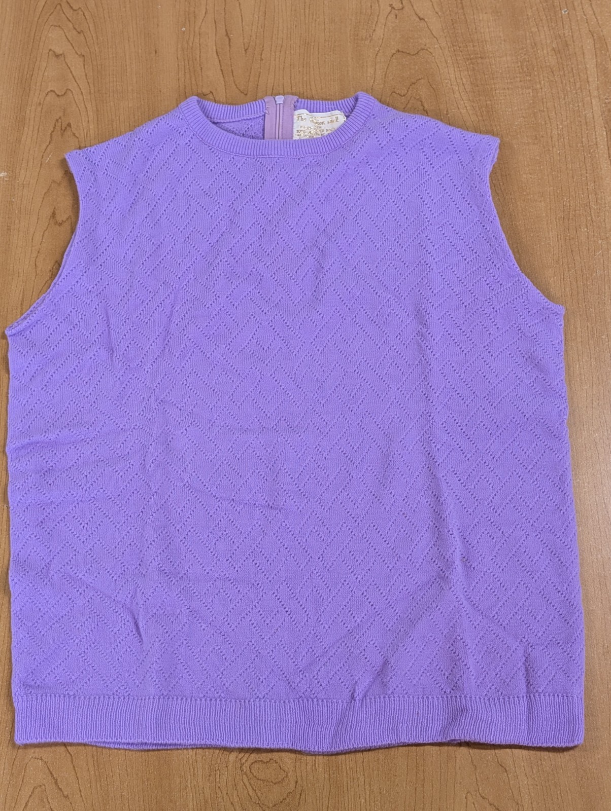 Vintage 60s 70s Acrylic Fabric Woven Knit Top Lavender Purple 1/4 Zip Back Small