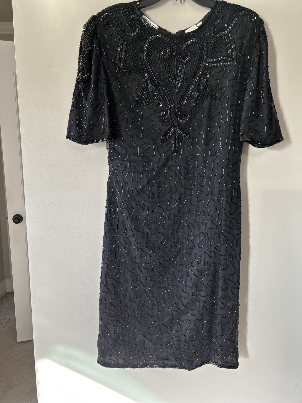 Vintage 80s SweeLo Fully Beaded Black Dress 100% Silk Size 10-12 Cocktail