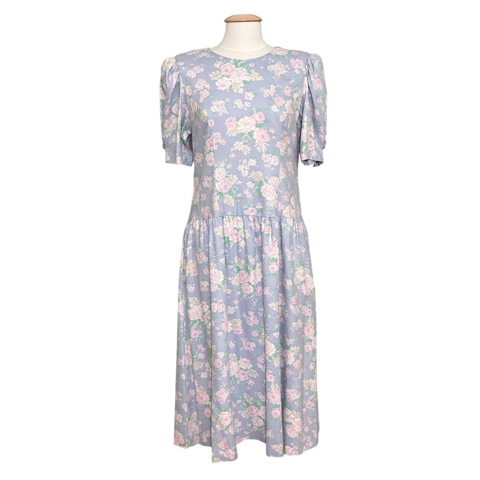 VTG Lanz Women Dress M Pastel Blue Floral Prairie Cottagecore Feminine Victorian