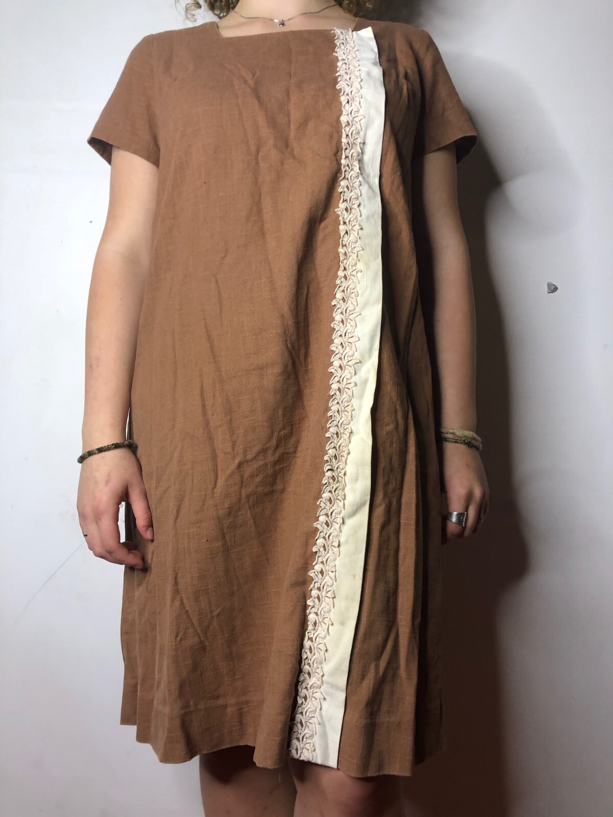 Vintage Revelry 1960s Brown Tunic Dress Linen with Embroidery AU 14