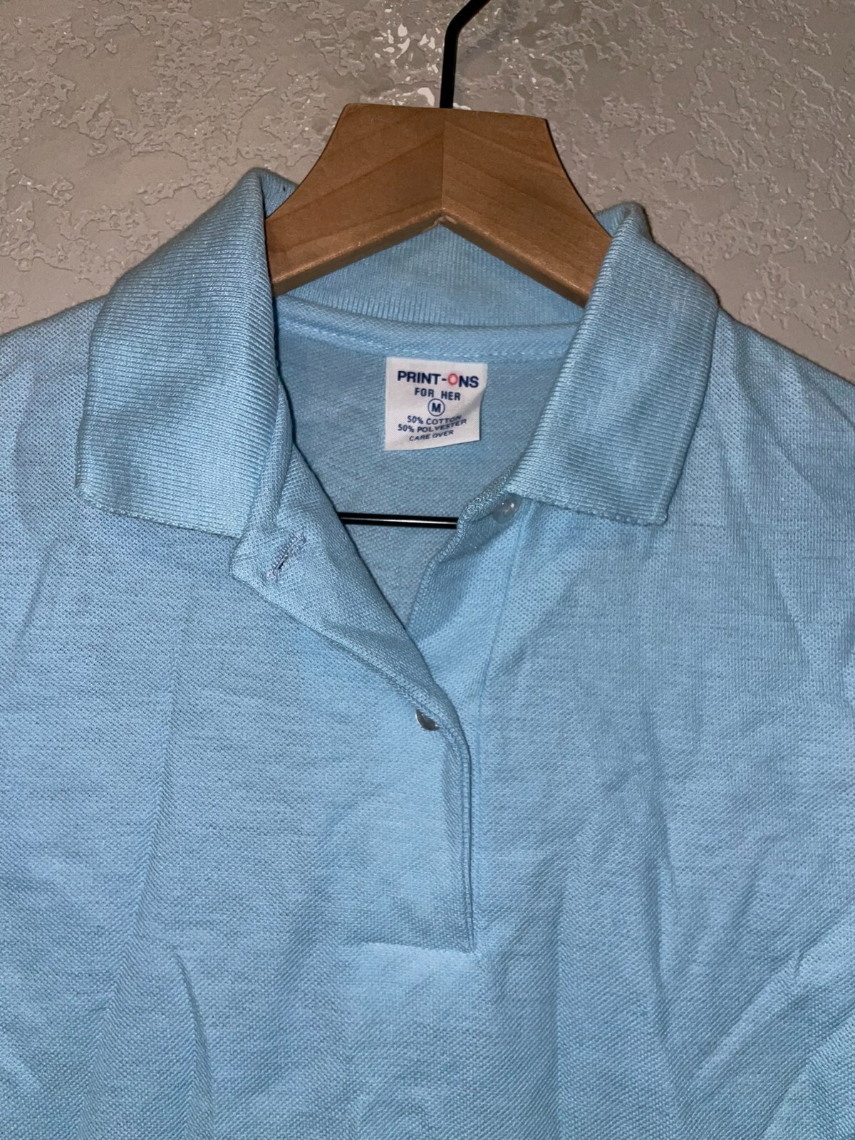 1970s 80s Vintage Women’s Print Ons Print-Ons Blue Polo Blank Shirt Top Women M