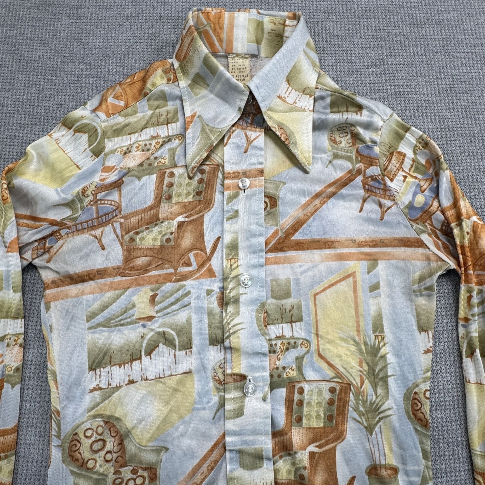 Vintage 70s Long Sleeve Collared Shirt With Retro Interior Design Print Size 7/8