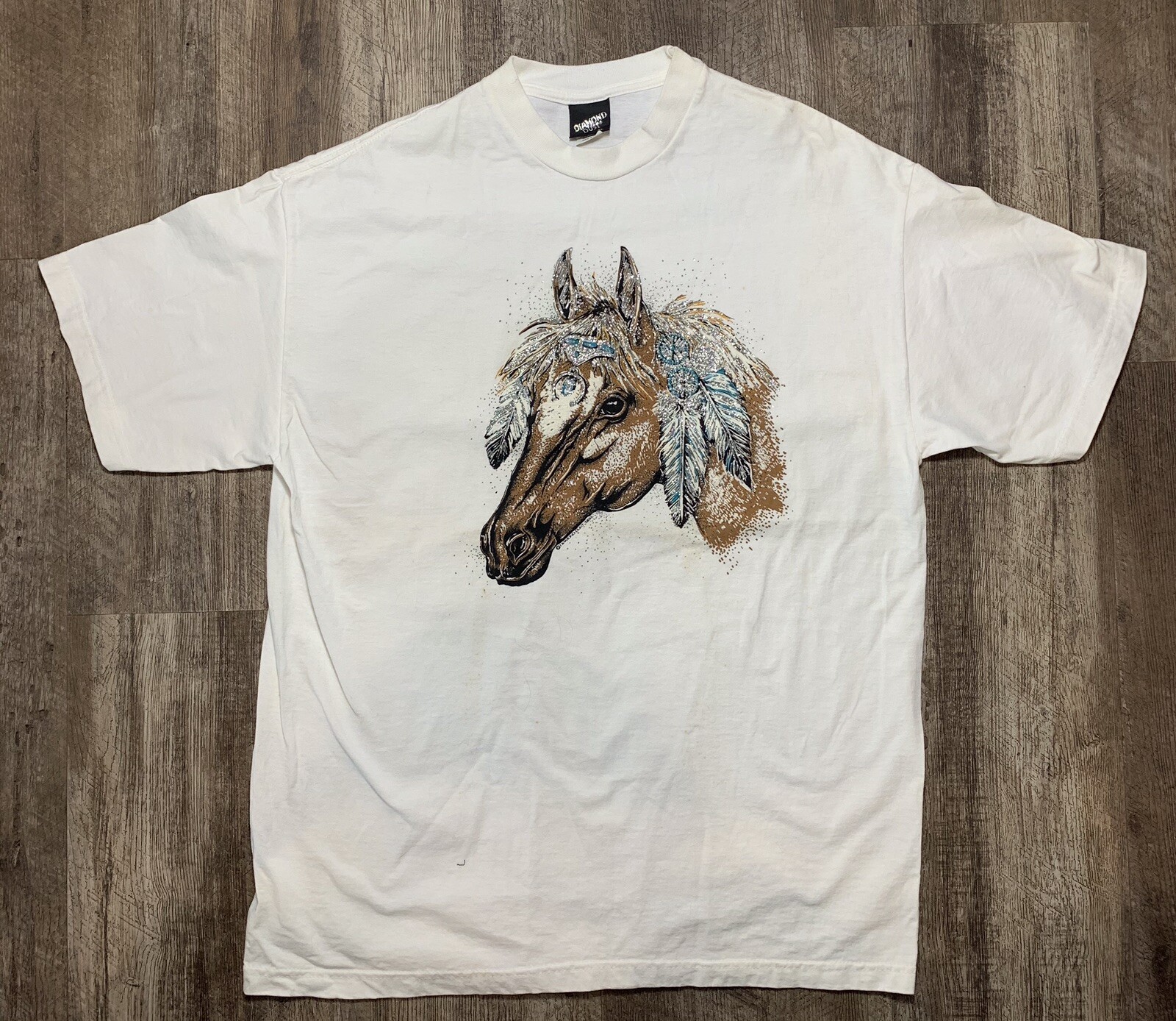 Vintage Diamond Dust Tribal Horse Head Glitter T-Shirt XL 100% Cotton White