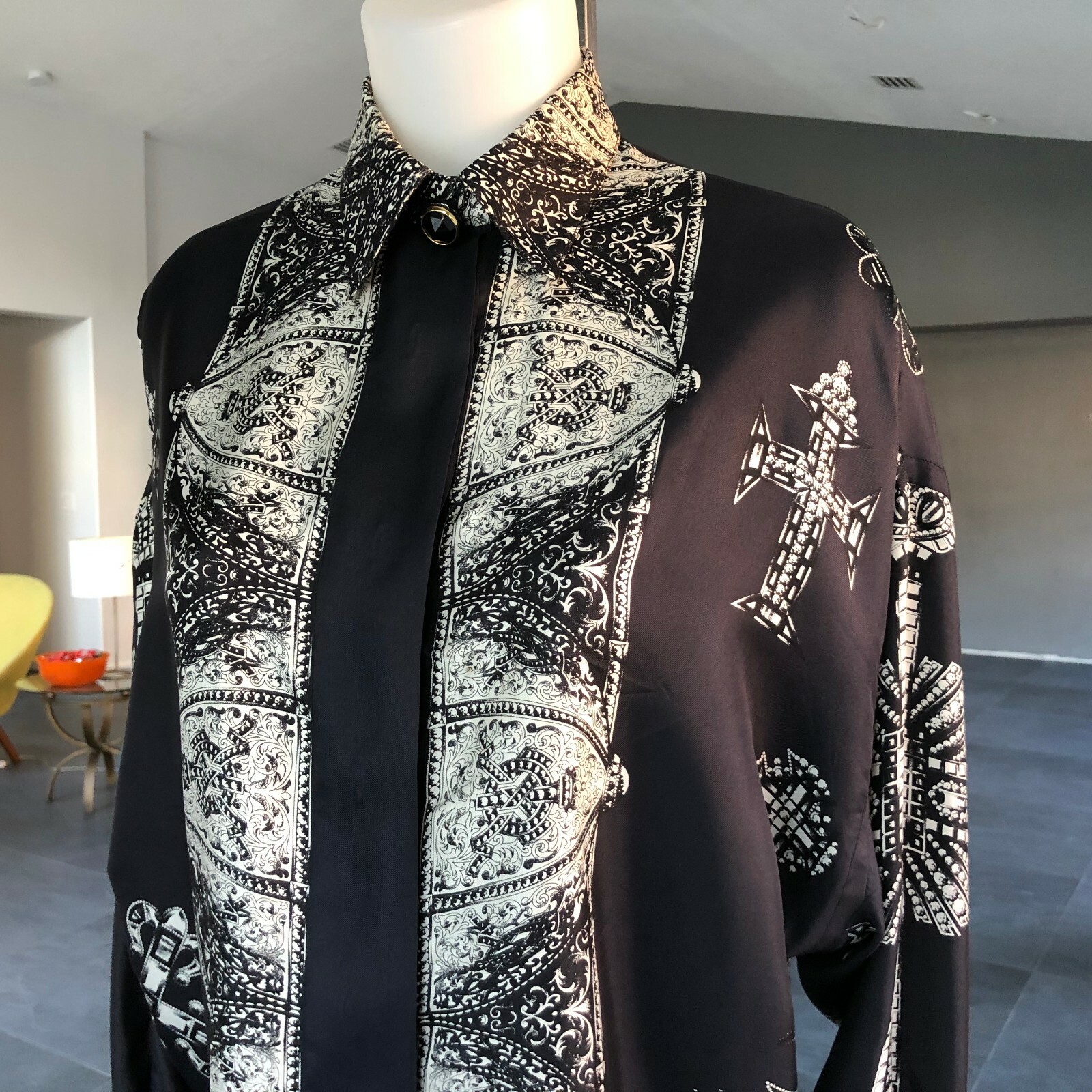 GIANNI VERSACE silk shirt w/ french cuffs Le Croci print size 42 F/W 1991/92
