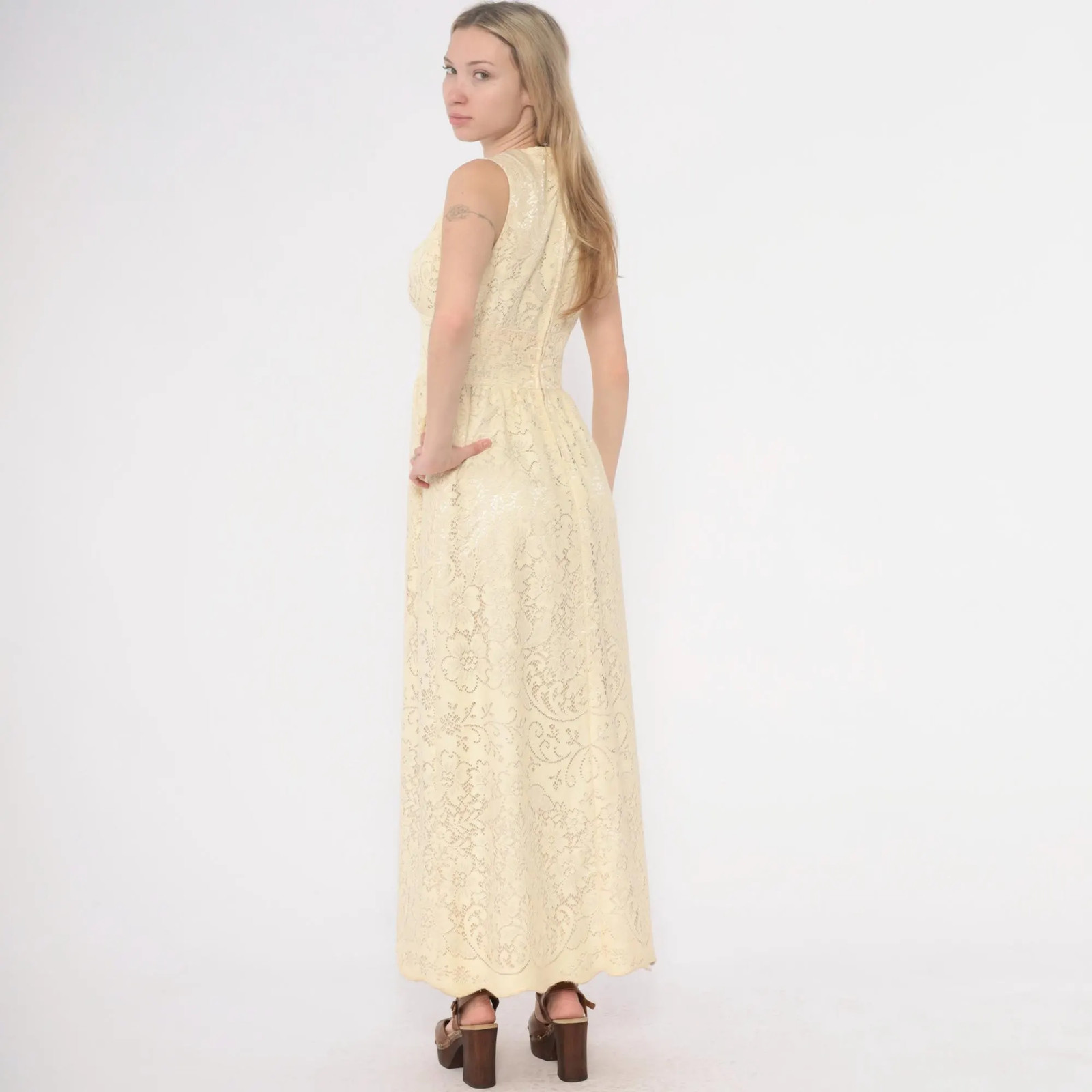 70s Bohemian Wedding Dress Lace Maxi Dress Cream Ivory V Neck Sleeveless Empire