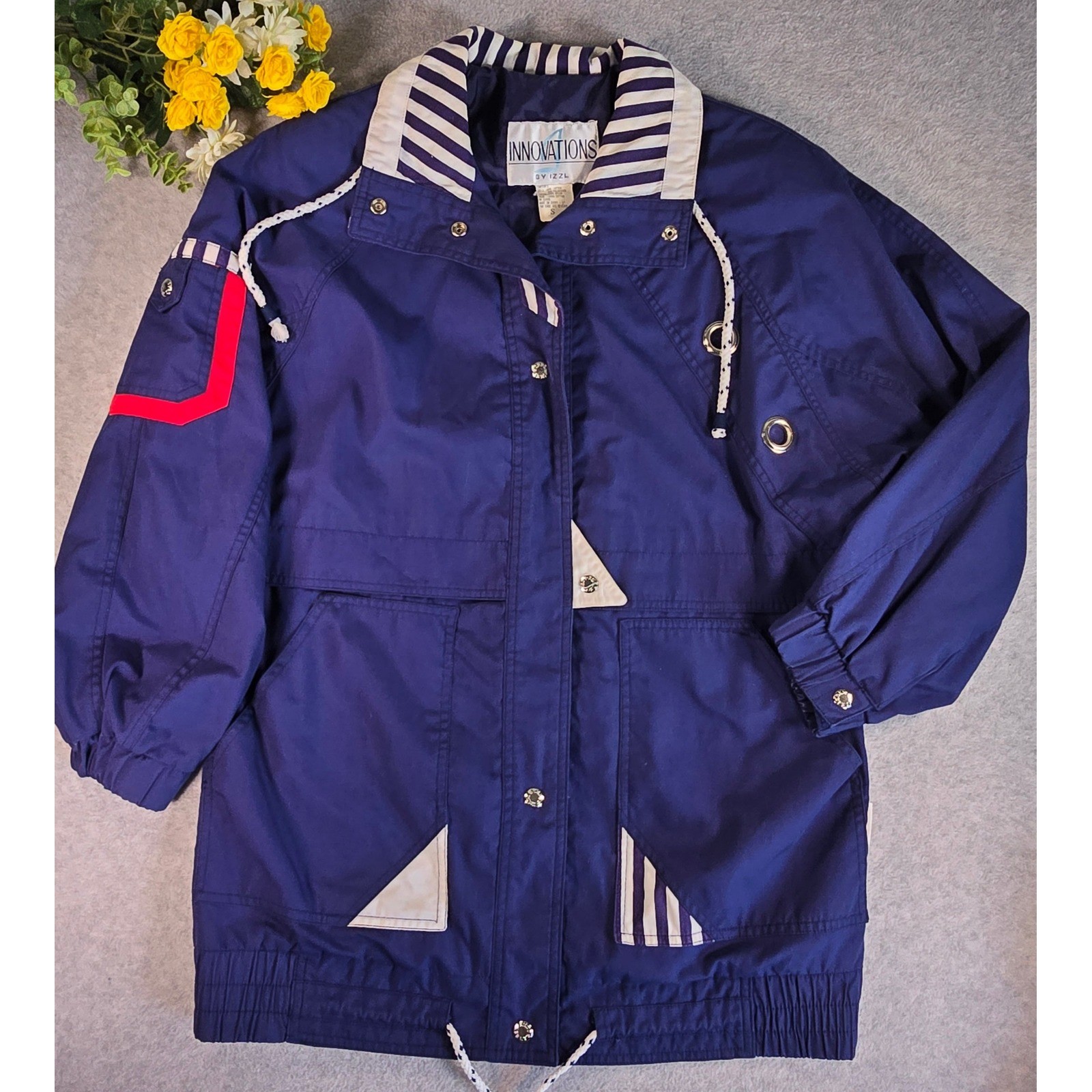 Vintage Innovations by IZZI Navy Blue Nautical Striped Windbreaker Jacket Small
