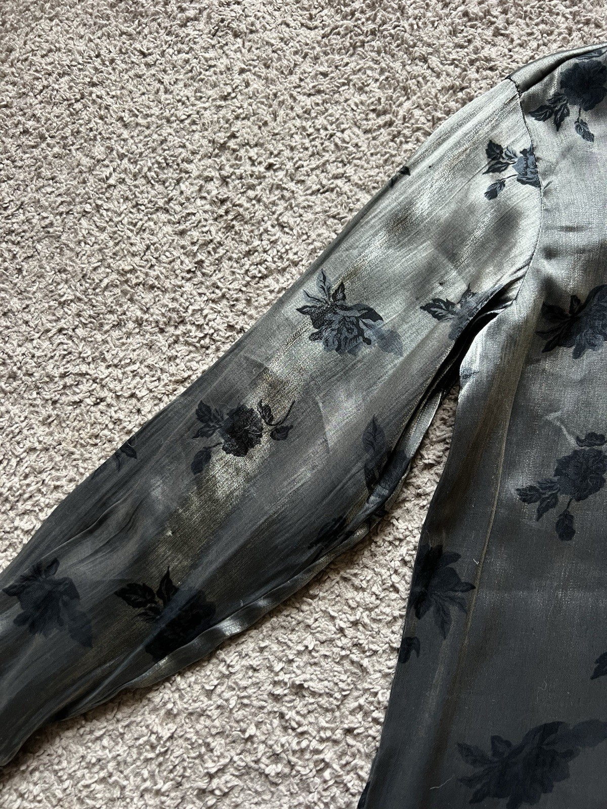 Vintage Y2K 90s Metallic Shirt Small Silver Floral Long Sleeve Button Dark Fairy