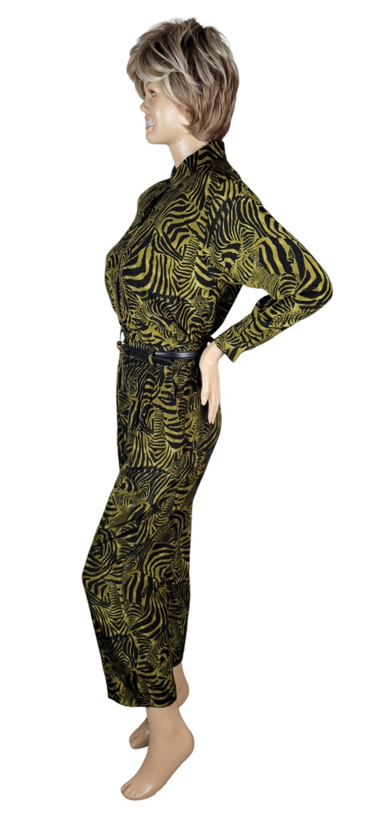 Vintage Ann May 100% Silk Zebra Green & Black Animal Blouse & Pant Suit Set 8
