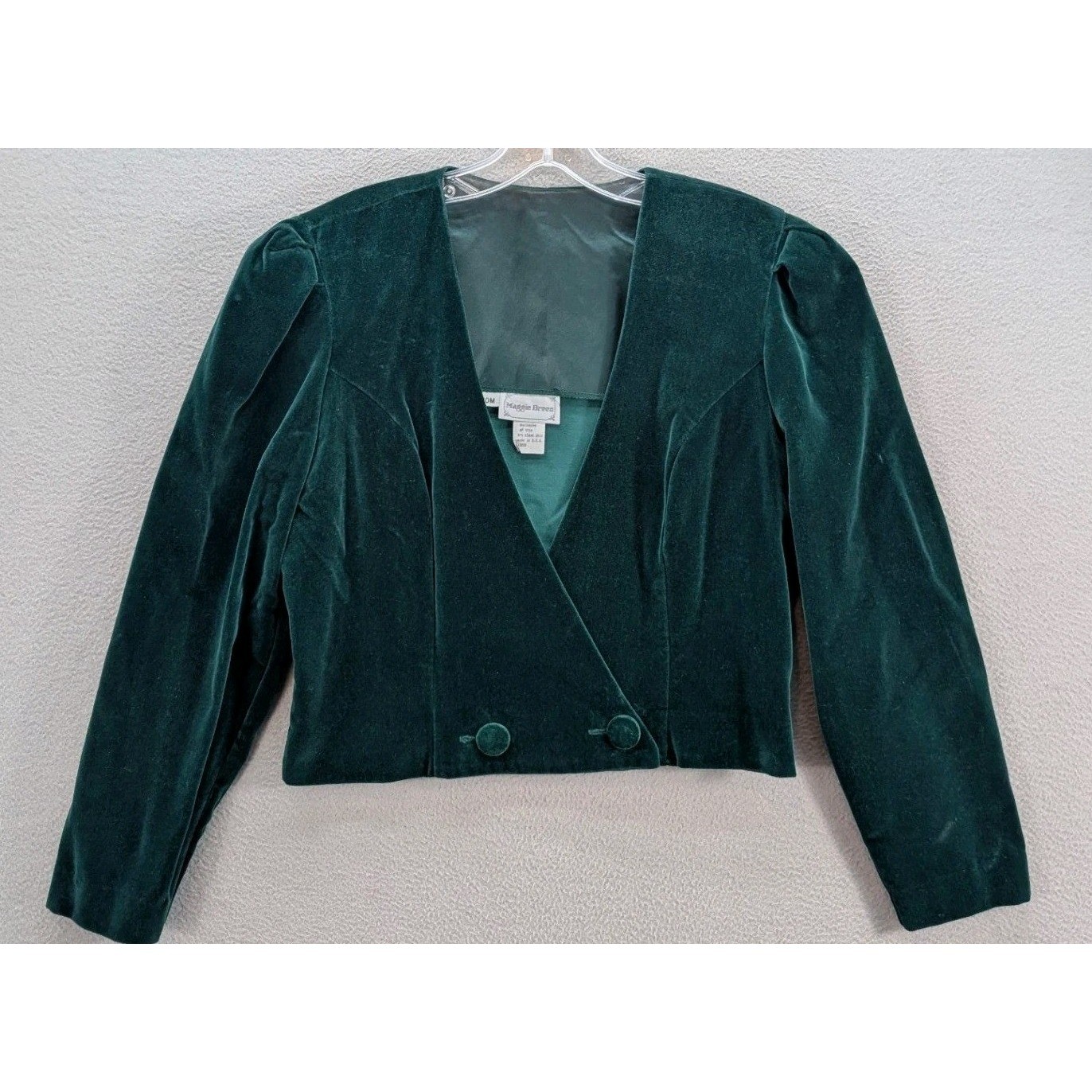 Vtg Maggie Breen Velvet Cropped Jacket Women 10M Green Puff Sleeve USA Retro 80s