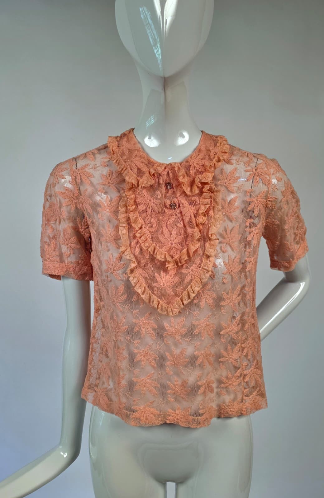 1930’S PINK EMBROIDERED NET LACE BLOUSE W RUFFLED FRONT