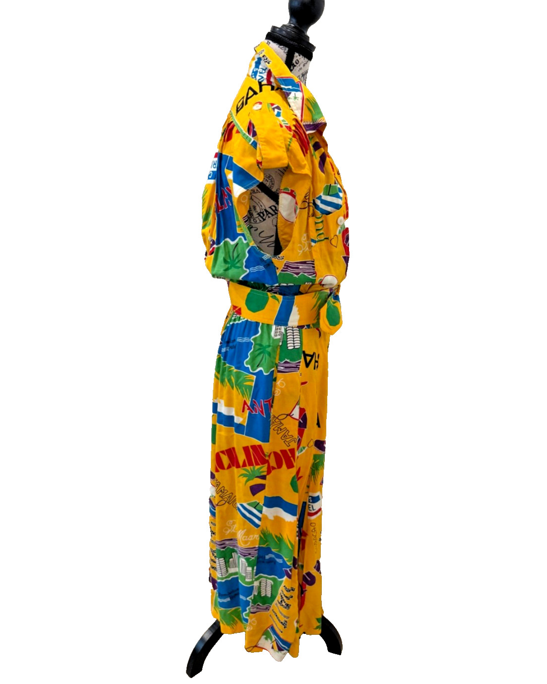 Vintage 1980s Karen Alexander Caribbean Print Belted Midi Dress Tropical Size 10
