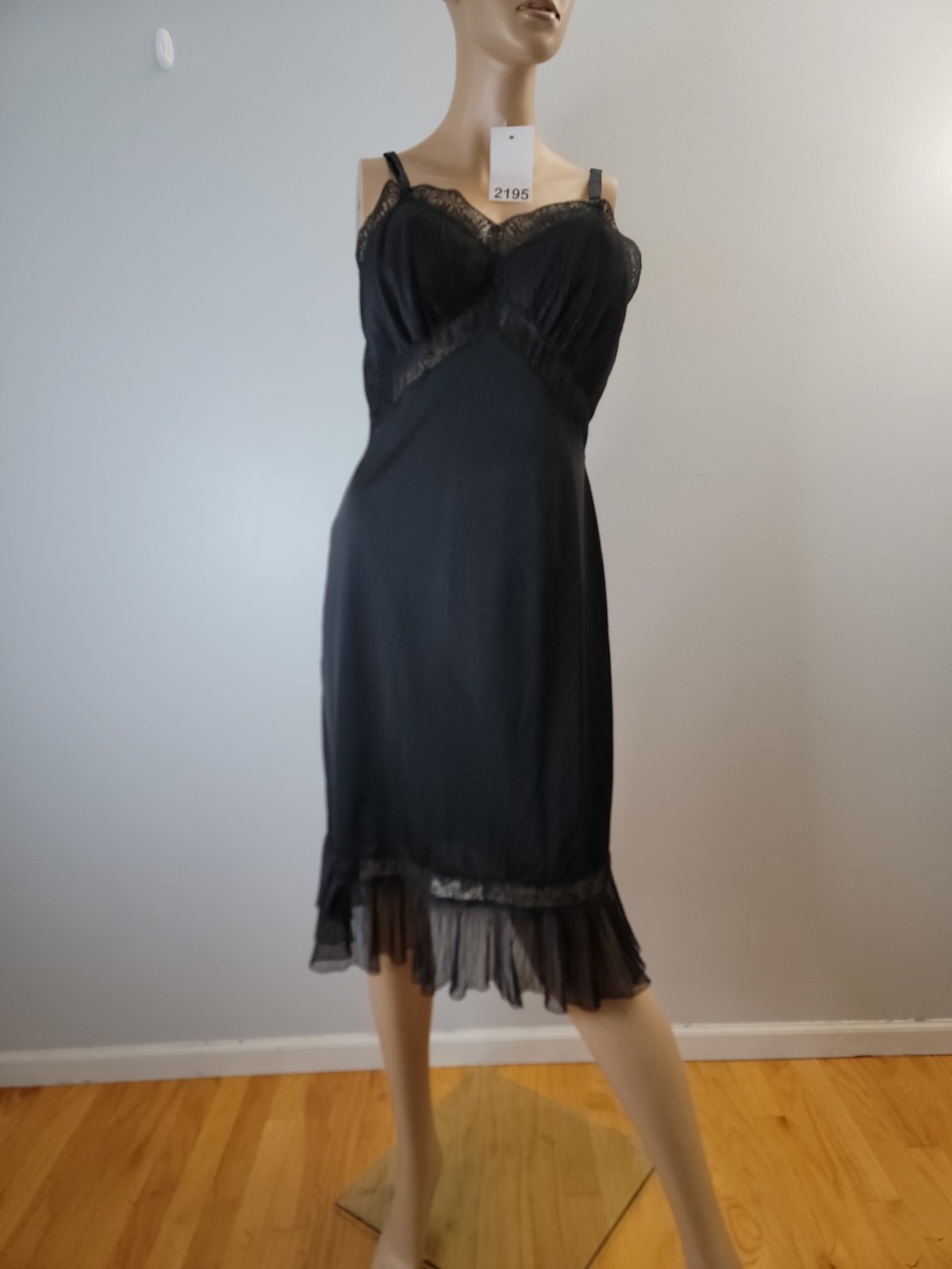 Vintage Charmode Tricot Nylon Black Full Slip Pleated/Lace Detail Size 38