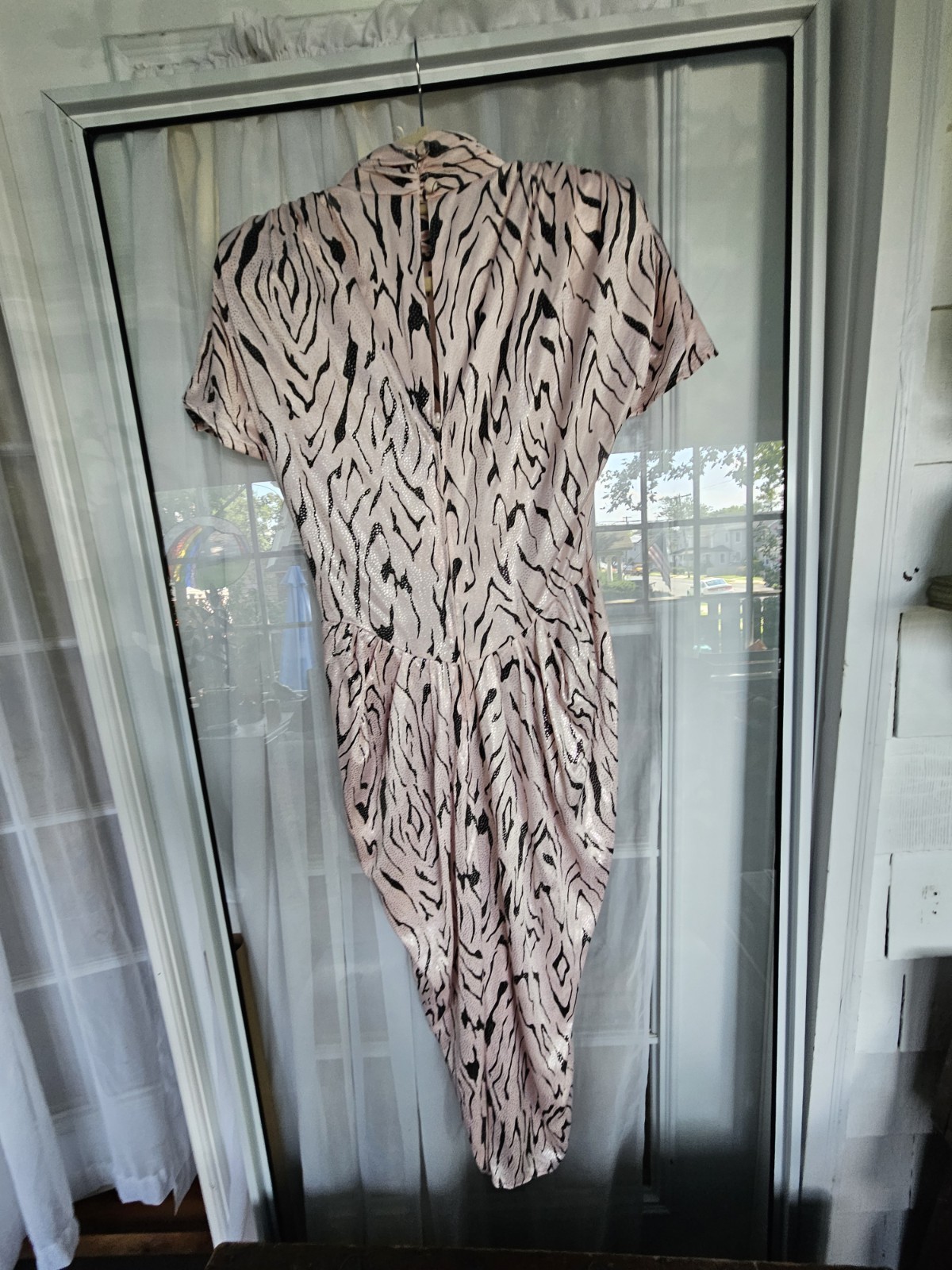 Vintage 1980s Zebra Print Party Dress Off White / Light Pink With Sparkly Dots