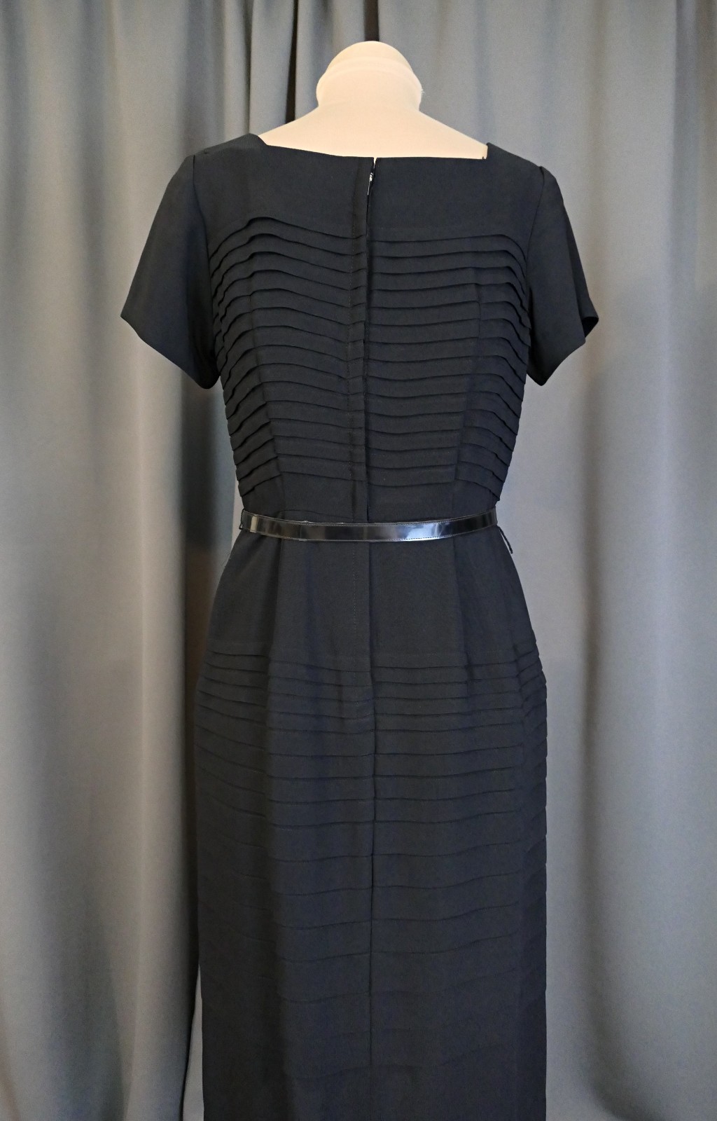 Vintage 1950s Black Pleated Dress, Hourglass Fitted, Gloria Swanson, 35 bust