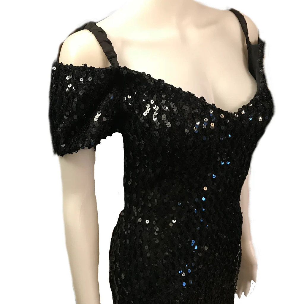 Vintage 80s Glenrob Black Sequin Off Shoulder Convertible Cocktail Dress Women’s