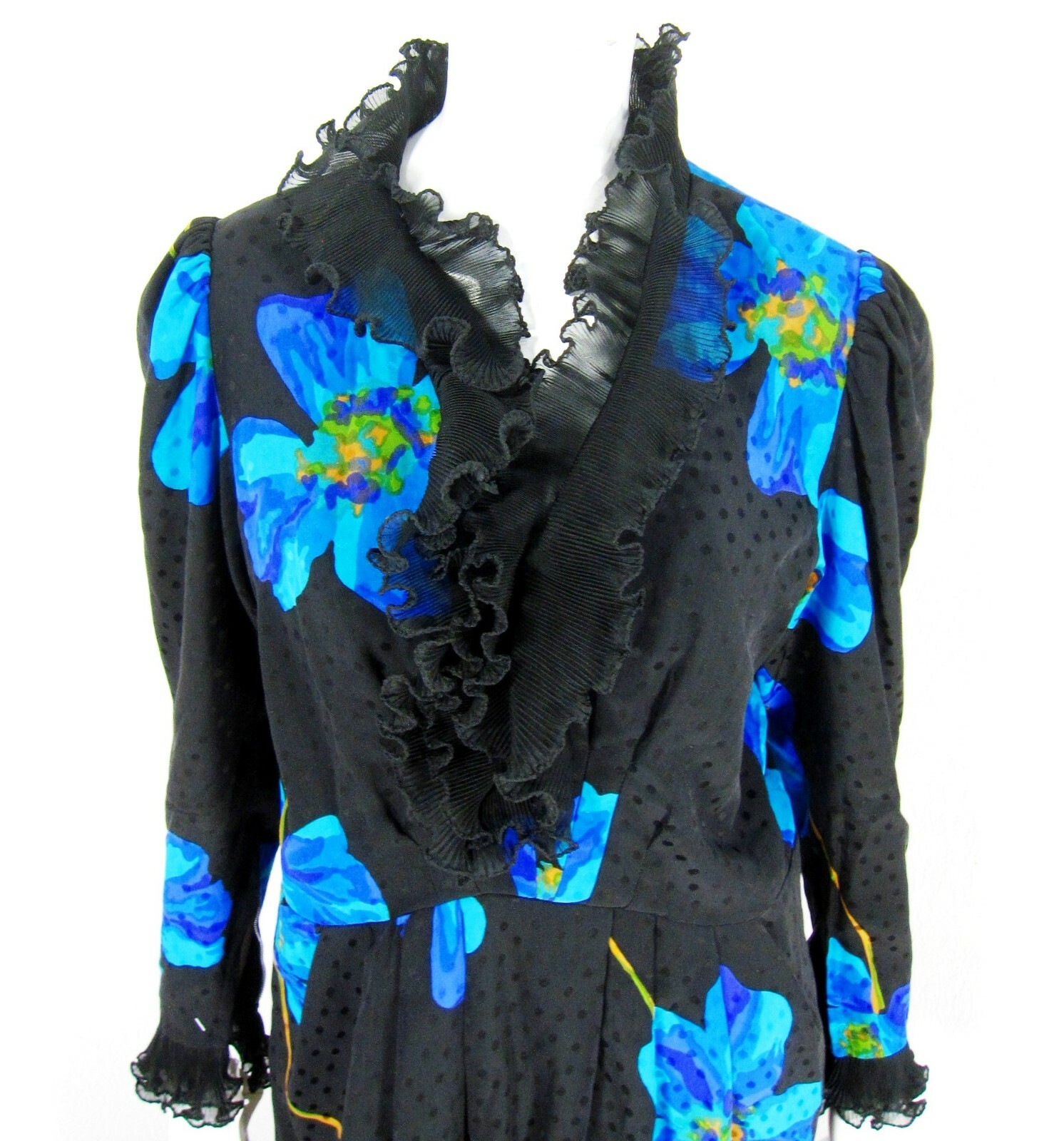 An Elizabeth Vintage Long Sleeve DRESS M Medium Black Blue Floral