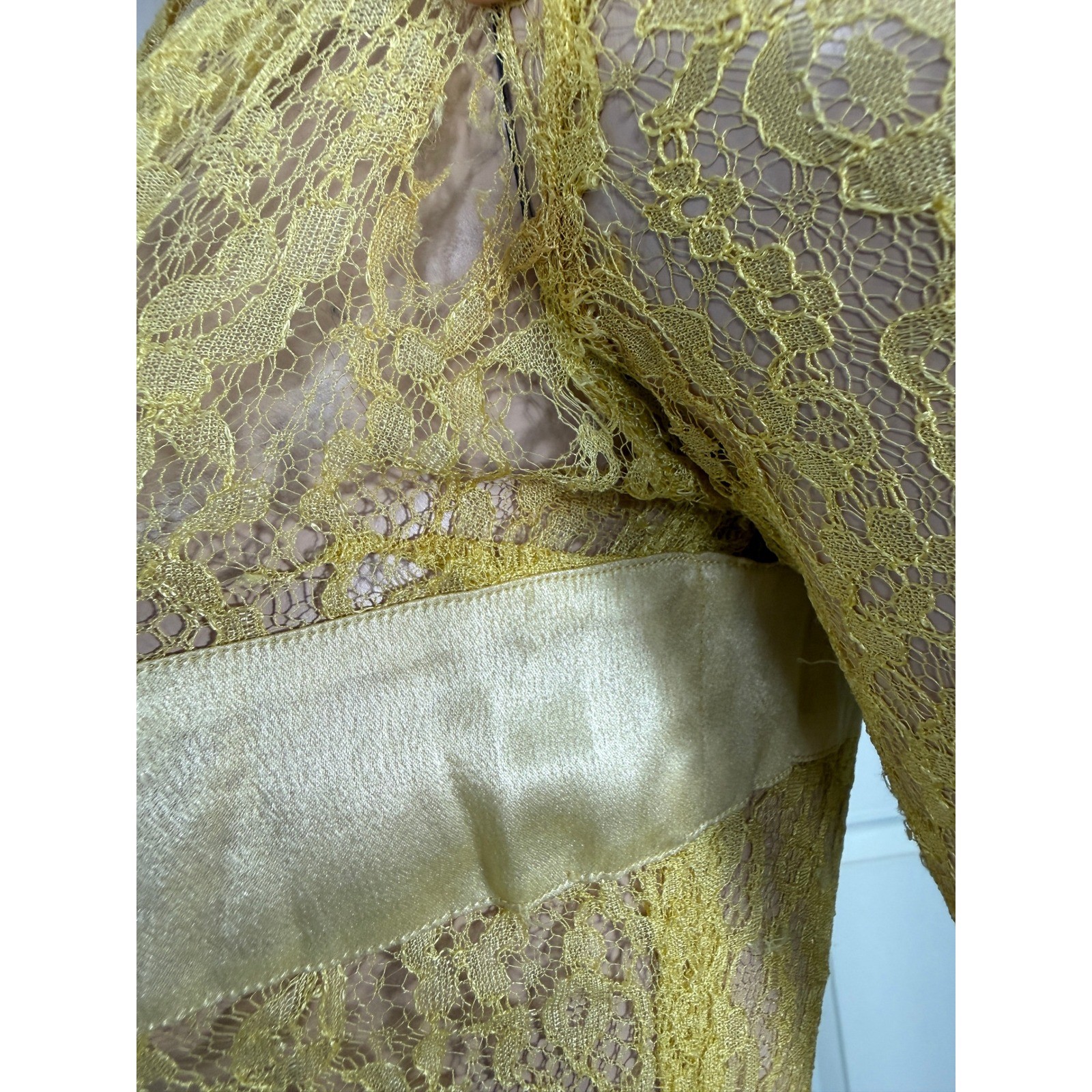 Vintage 1930s Silk Lace Dress Floral Sheer Maxi Long Sleeve Tiered Pullover N21