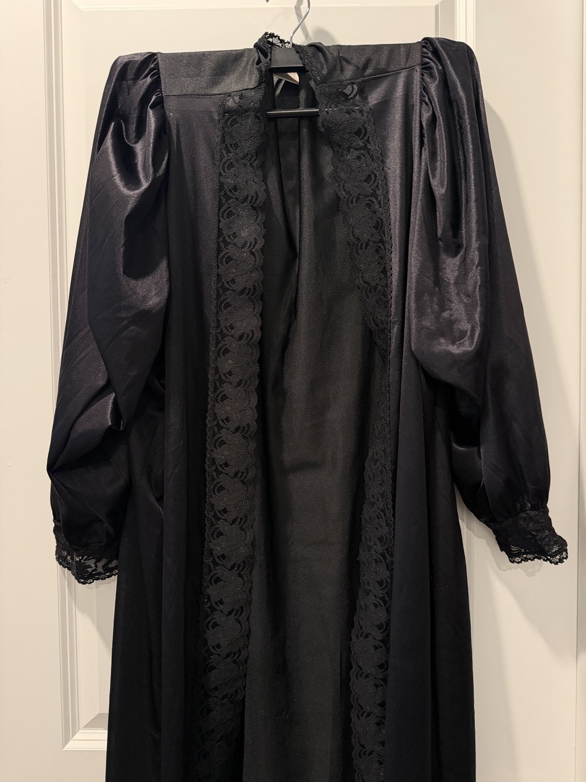 Vtg Womens Open Front Black Maxi Robe Lace Peignoir Boudoir Intimates Lingerie