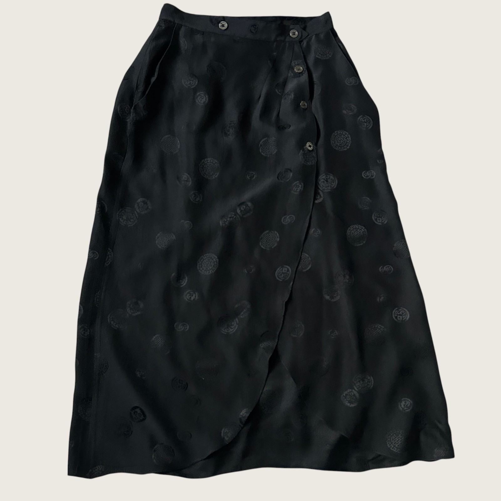 Vintage DBA Black Silk Embossed Pattern Midi Skirt Button Front Asian Inspired