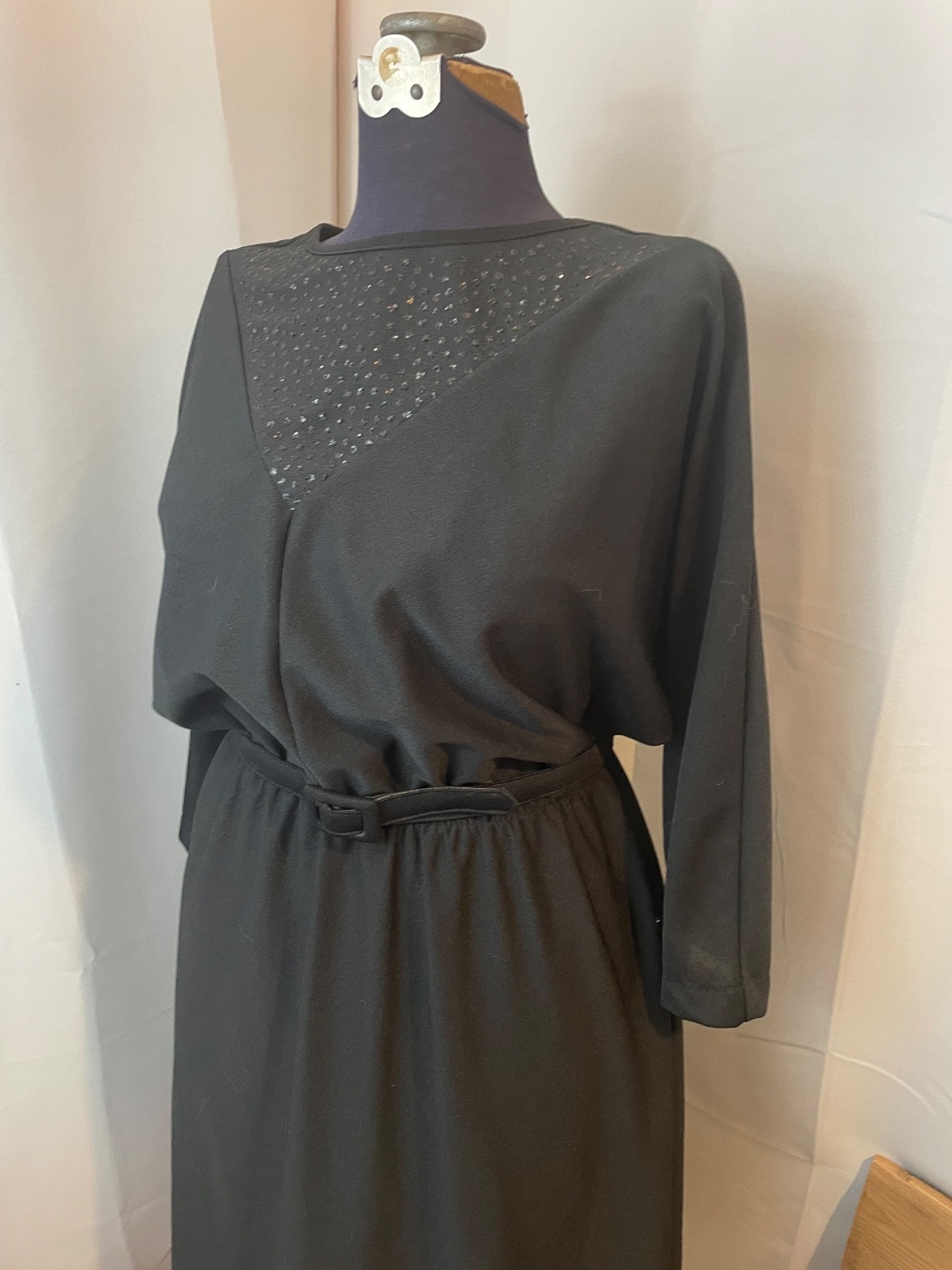 Black Glitter Sparkle Disco Party Dress 1970s Vintage with Belt 18 XL
