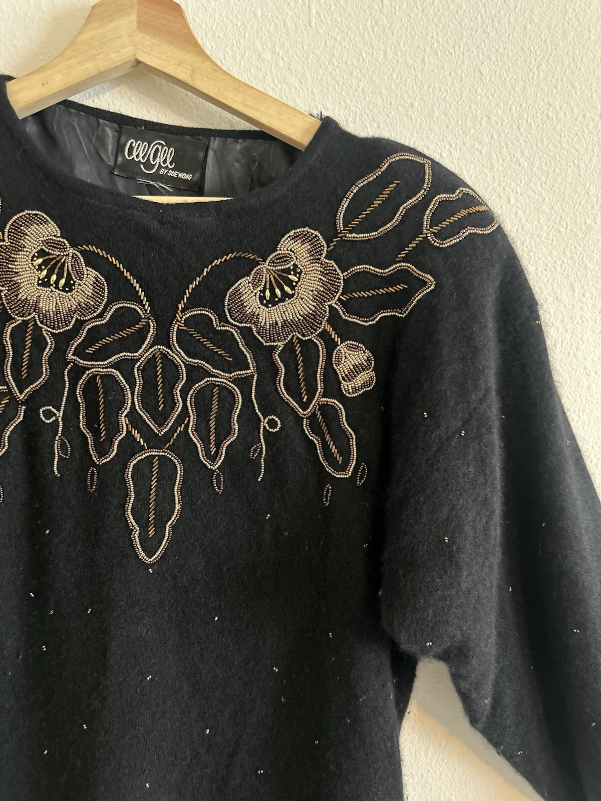 Vintage CeeGee by Sue Wong Angora Lambswool Beaded Black Sweater Dress Size M