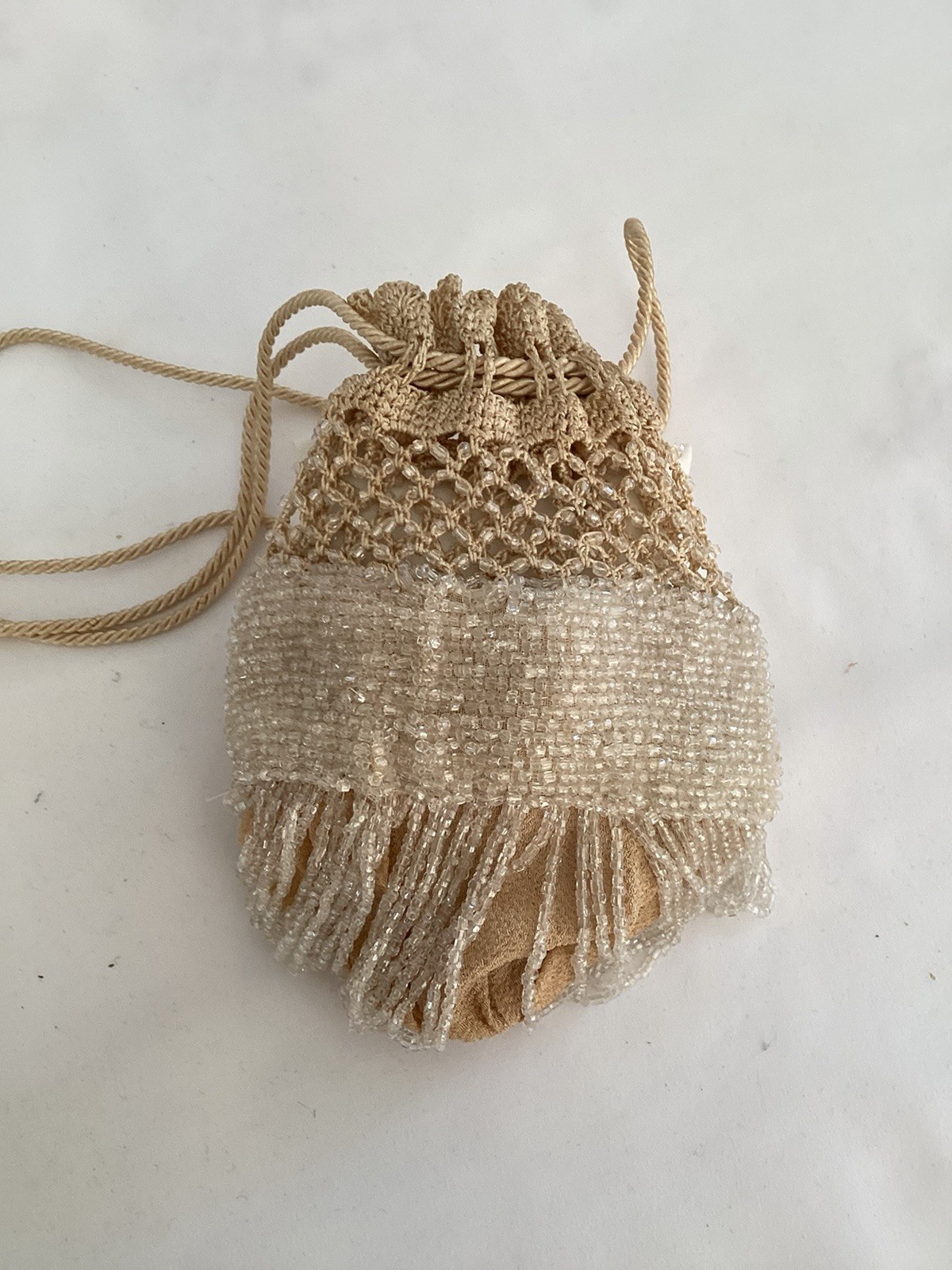 Antique Edwardian Silk Crêpe And Crochet White Glass Beads Reticule Evening Bag
