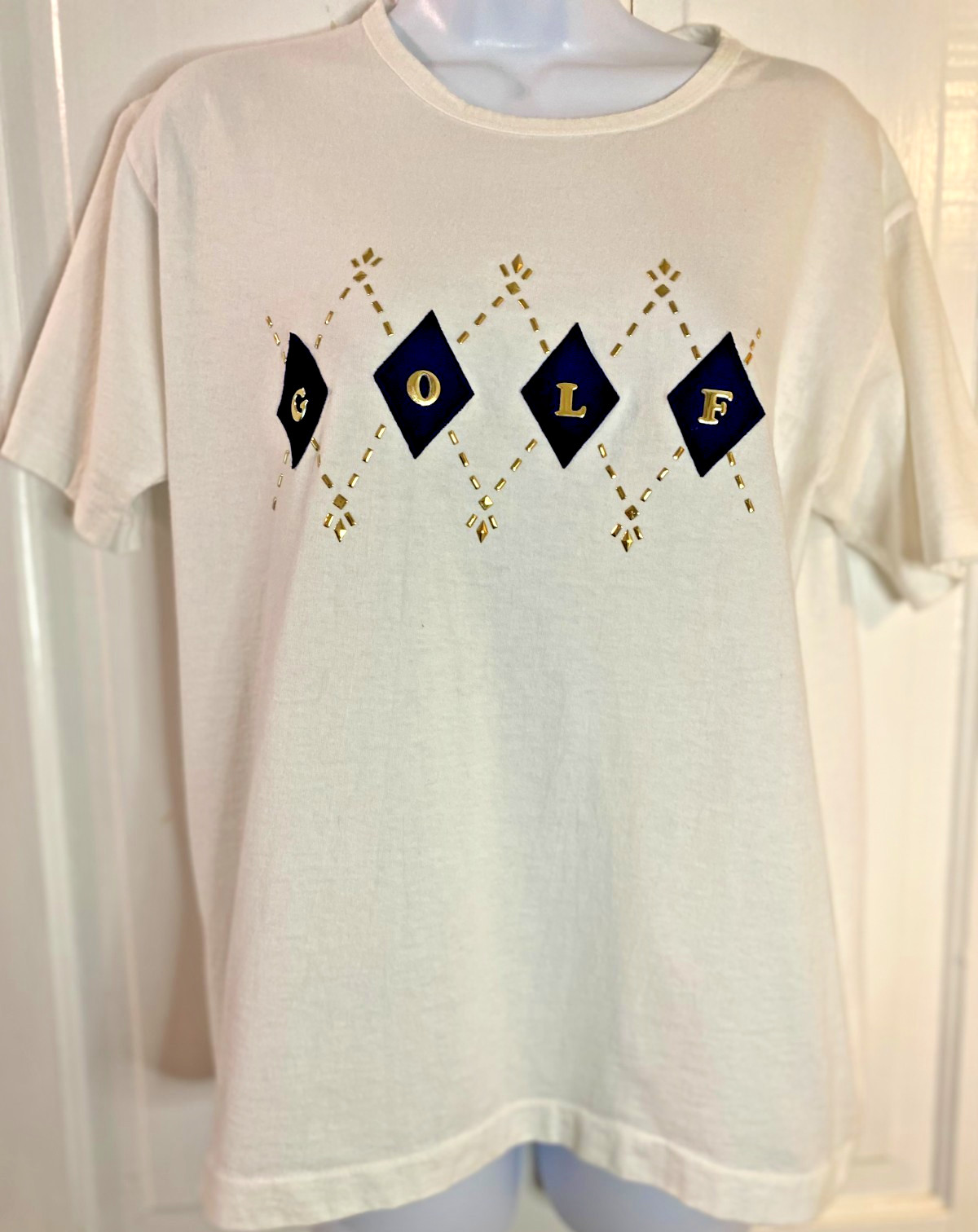 Discoveries By Natalie Embroidered Golf T-Shirt White Gold & Navy size M