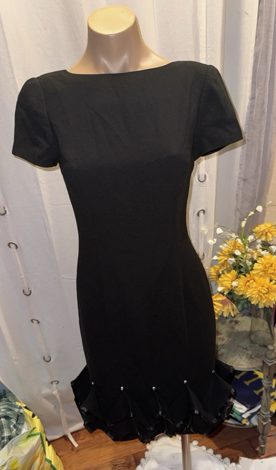 VTG Morton Myles for the Warrens Wiggle Ruffle Short Sleeve Black Dress Sz 4