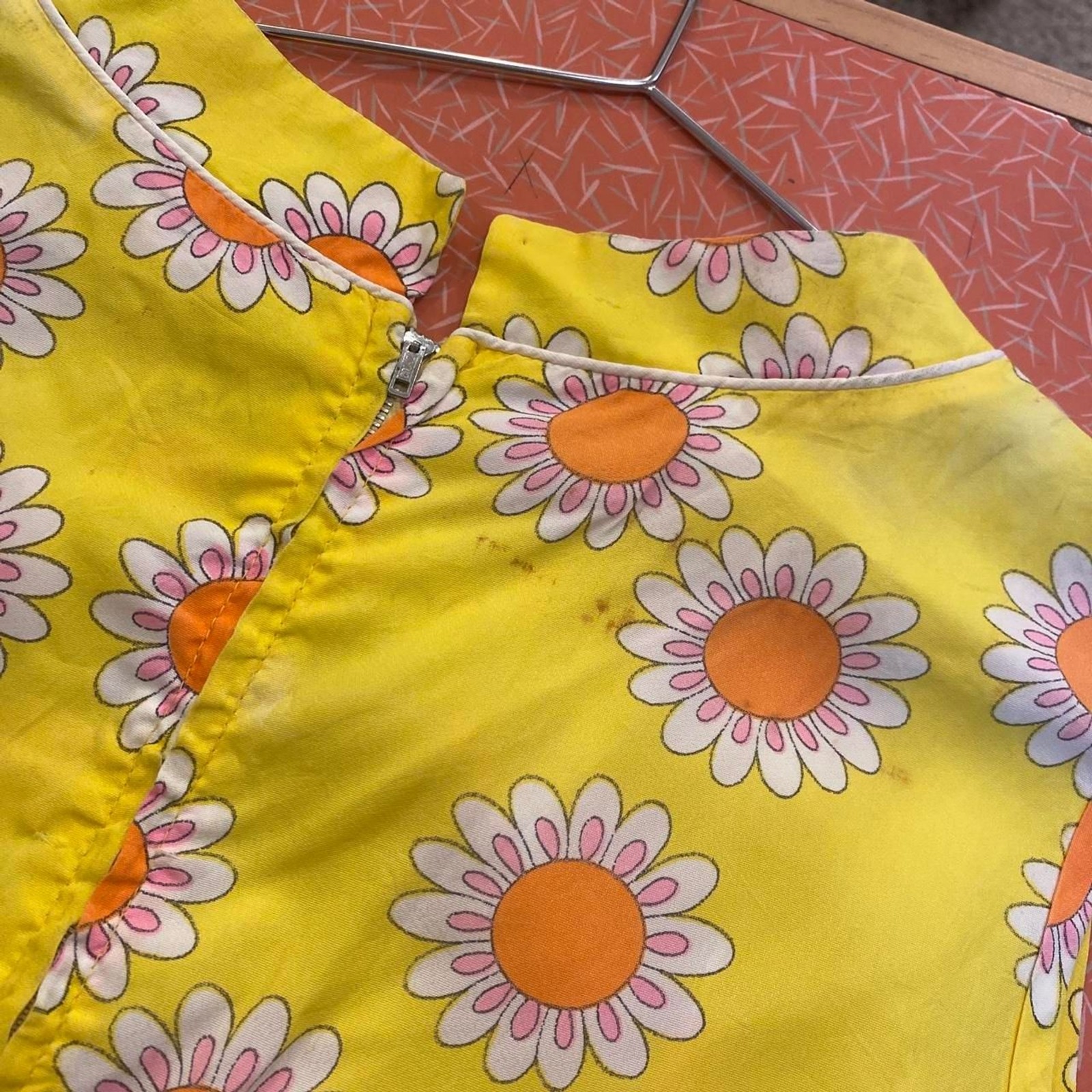 1960s rayon acetate yellow floral mod go-go dress