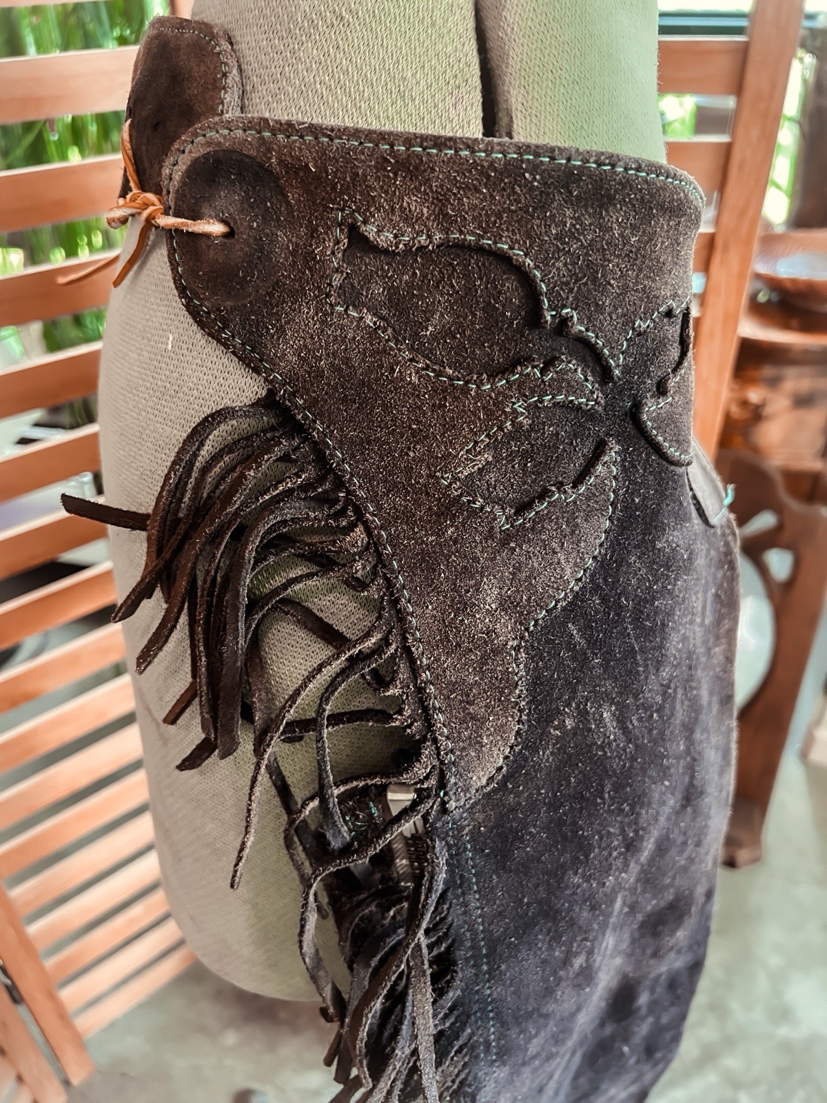 Vintage Handmade Plum Suede Chaps With Floral Detail and Brass Zippers
