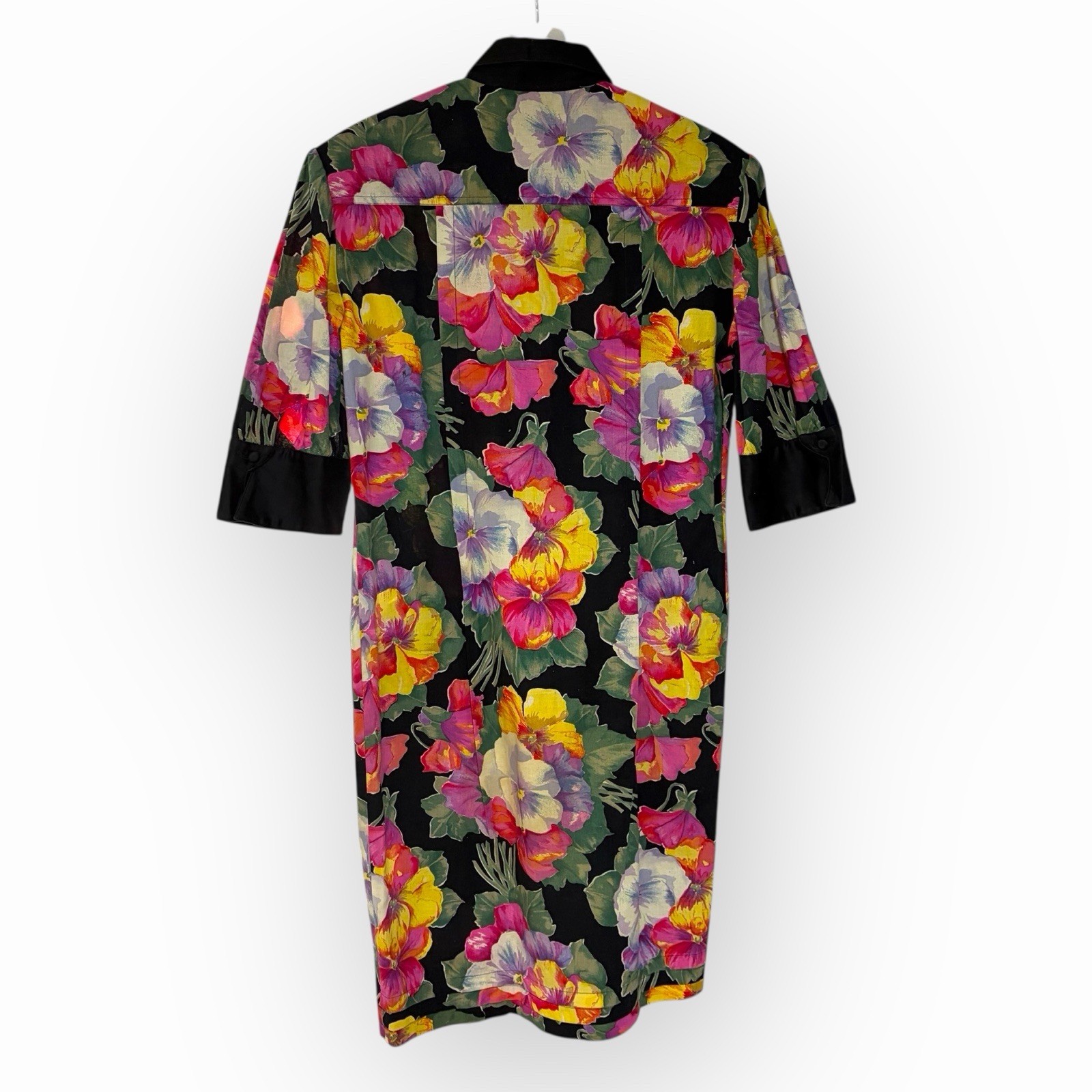 Angela Caputi Vintage Floral Shirt Dress Black Cotton Made in Italy L
