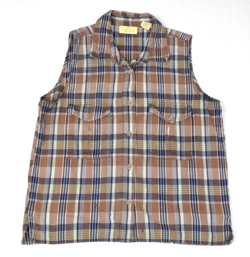 Vintage Sleeveless Shirt Limited America Size M 90s Brown Blue Plaid Cotton