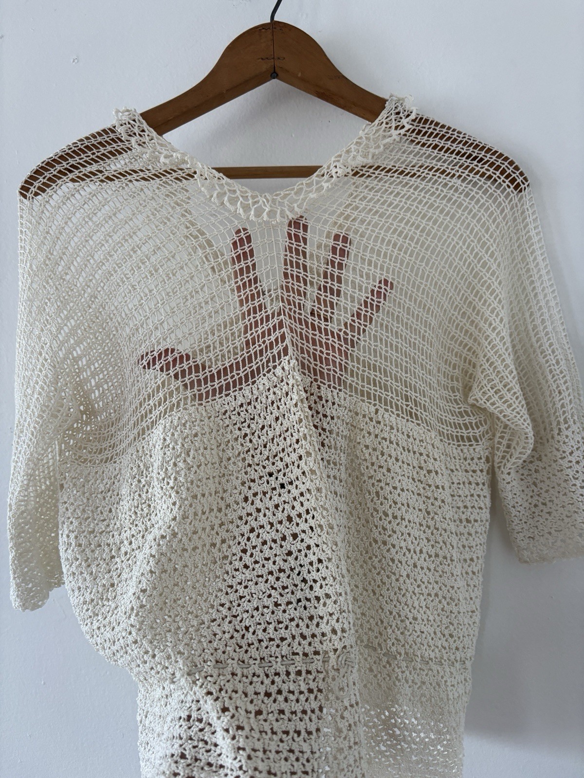 Antique Edwardian 1910s 1920s Ecru Rayon Crochet Knit Top/Sweater Ruffle Edging