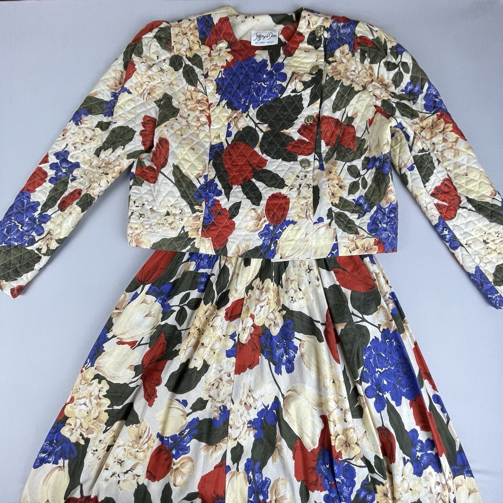 Jeffrey & Dara 2 Piece Vintage Dress 80’s Quilted Women’s Sm Bold Floral Print