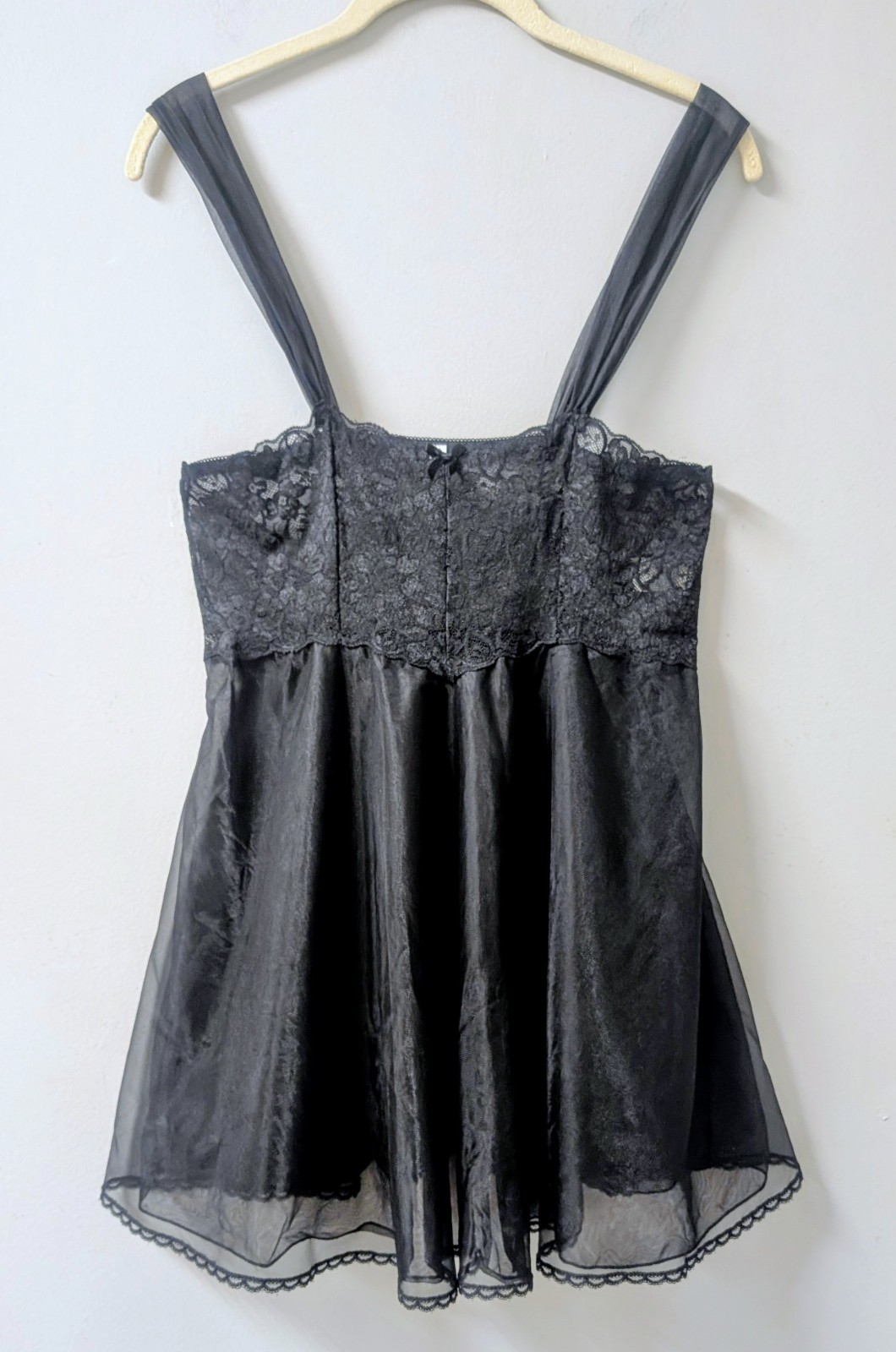 Vintage Je T’Aadore Black Double Nylon Babydoll Nightie Stretch Lace Bodice S/M