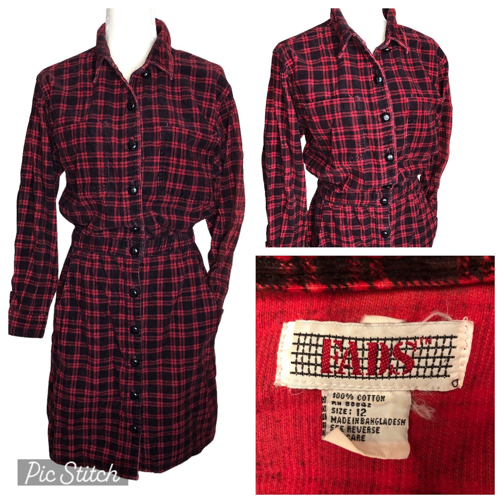 Vintage Fads Red Black Cottagecore Soft Cotton Corduroy Shirt Dress Size 12