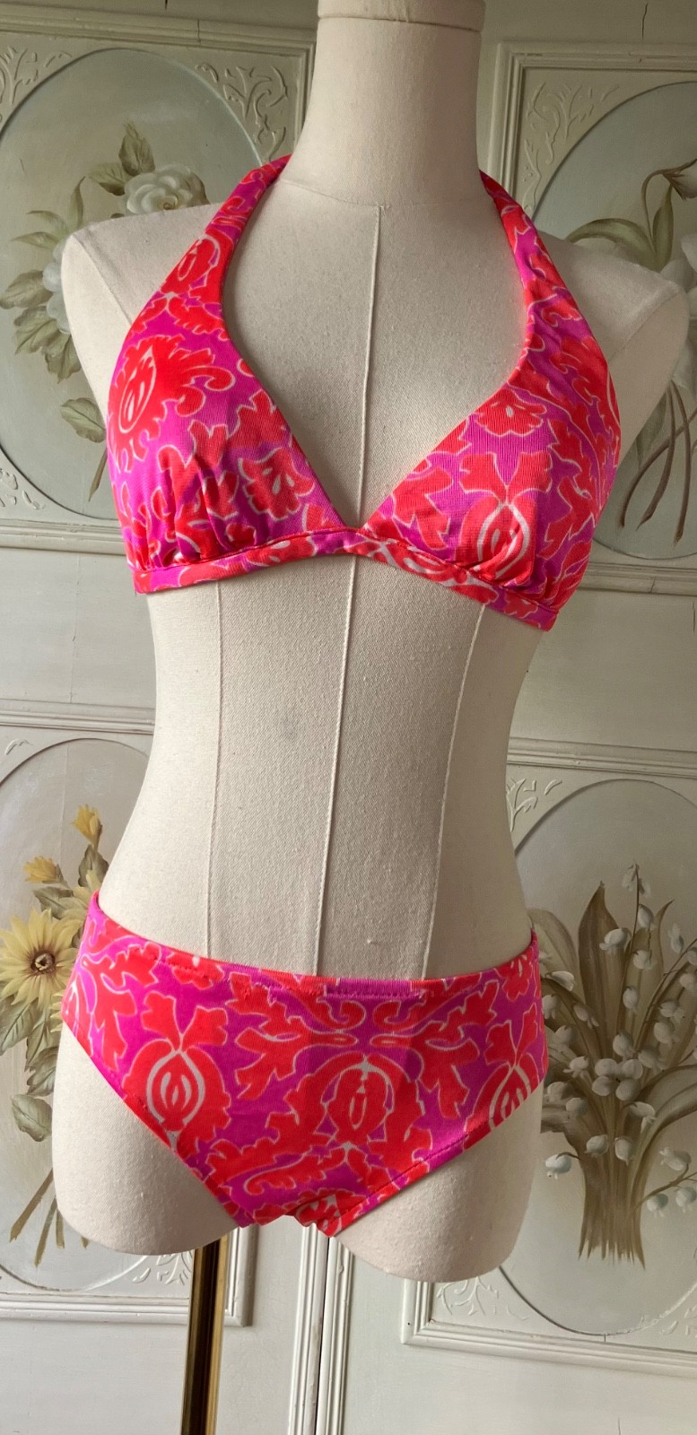VTG 60s JC PENNEY PSYCHEDELIC 3 PIECES HOT PINK+ORANGE BIKINI+DRESS USA 9/32 EUC