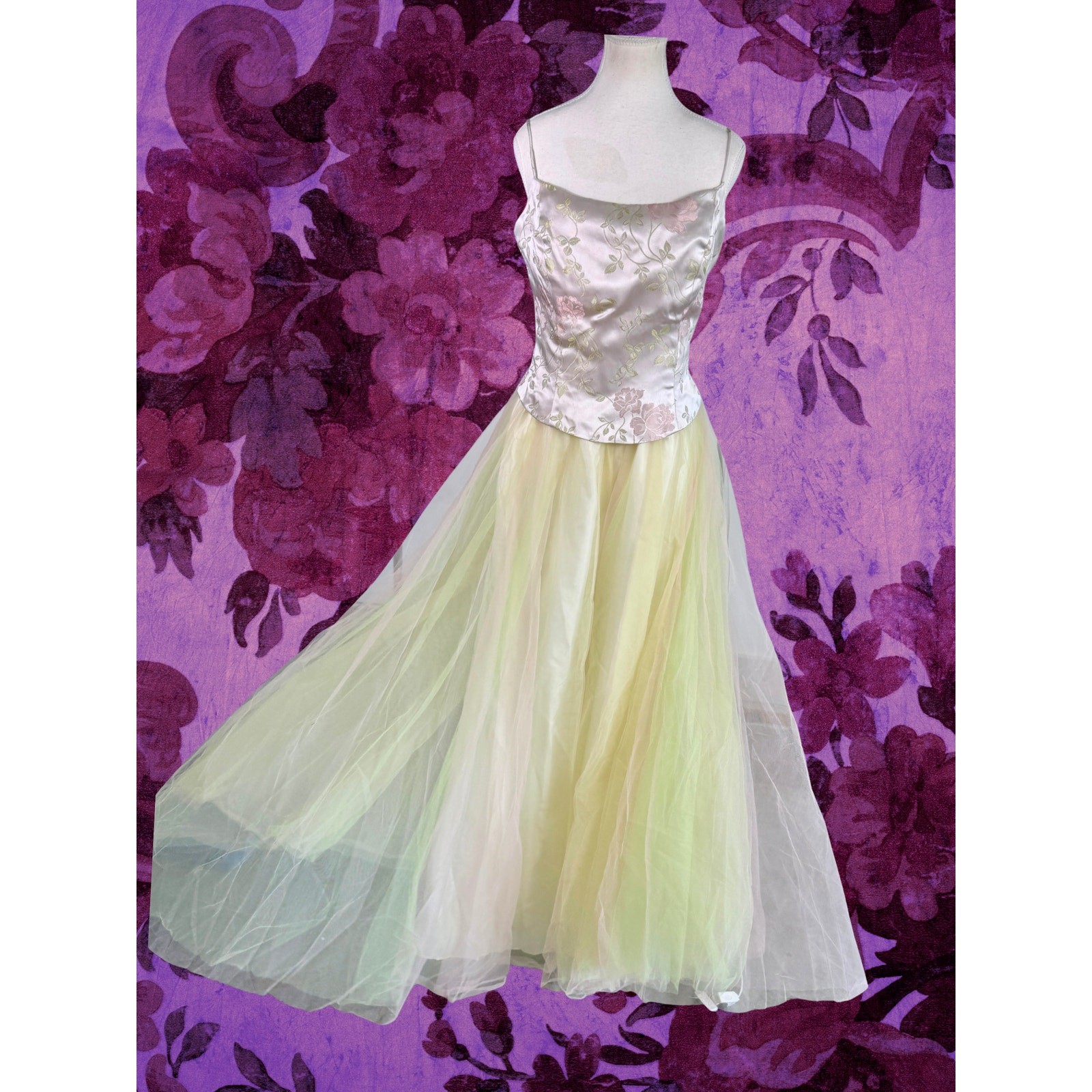 Vintage 70s Dave and Johnny Brocade Corset Tulle Green Pink Tulle Gown 13/14