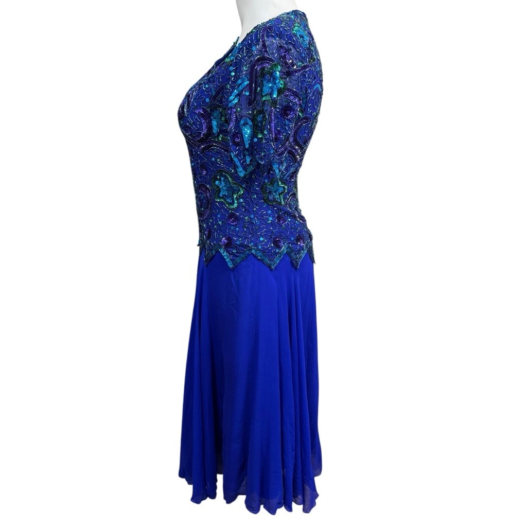 Vintage Brilliante by J.A. Silk Beaded Sequin Evening Gown Blue Purple Green Wom
