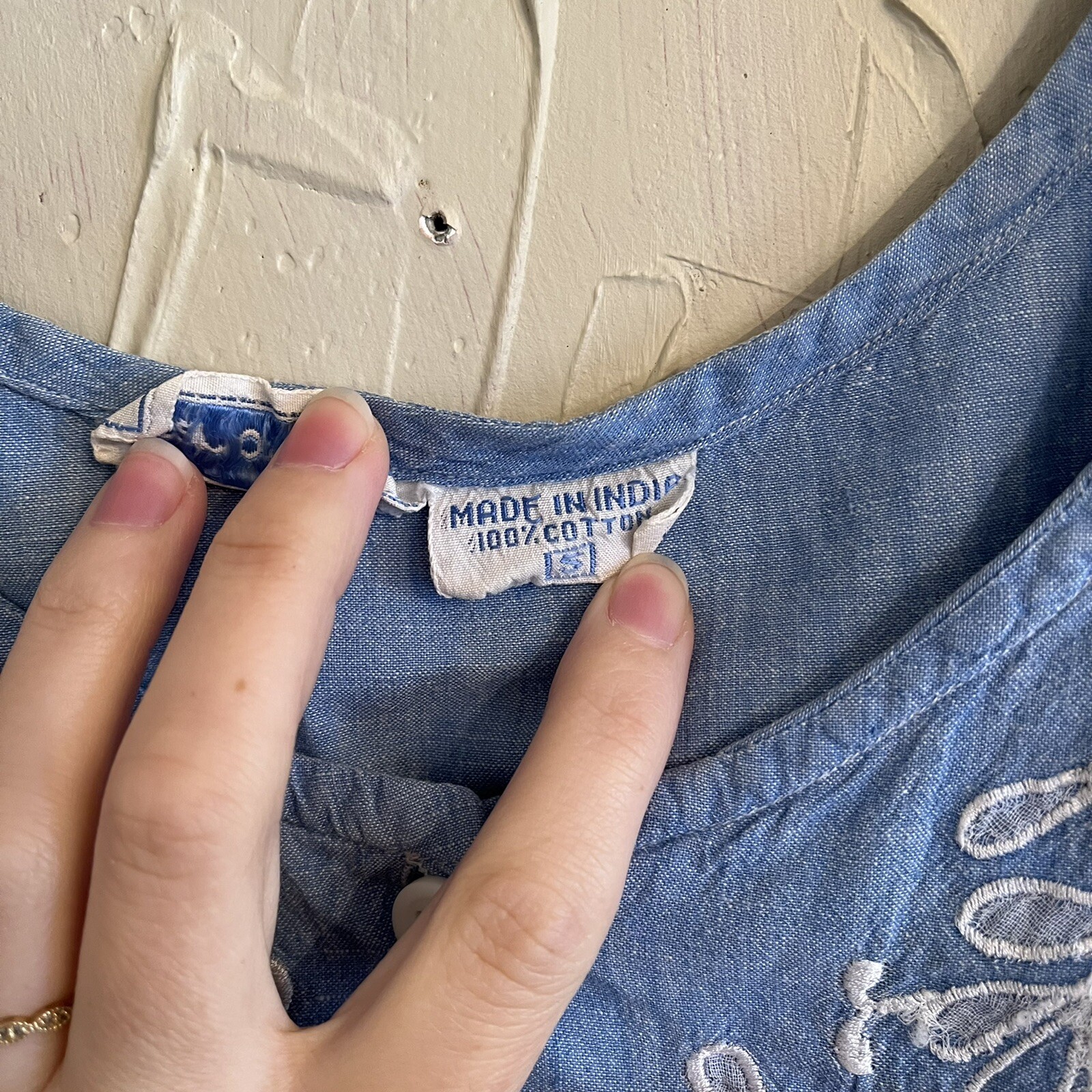 Vintage Star Of India Denim Chambray Embroidered Peasant Top Small 70s 80s