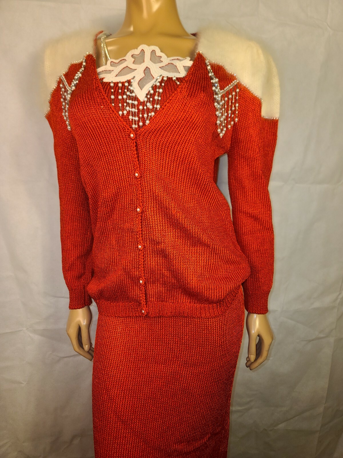 Vintage Elizabeth New York Skirt Top Sweater Set red and white Outfit