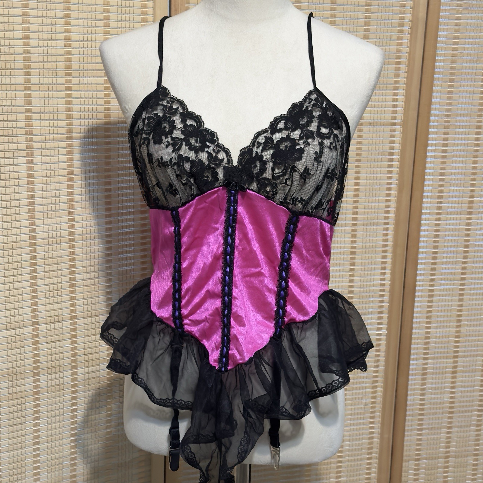 Vtg Chic Lingerie Baby Doll Sz Med Black Pink Satin Lace Garters Belt Bodysuit