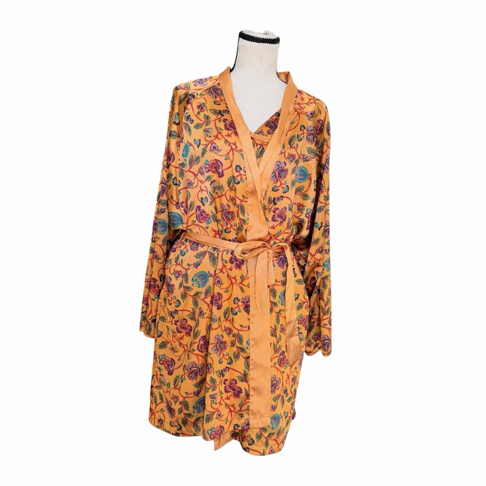VTG Cacique 2 Pc Peignoir Robe Nightgown Floral Satin Lounge Set Large L
